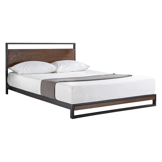 King size Metal Wood Platform Bed Frame with Headboard showcasing a modern design with a cherry finished headboard.
