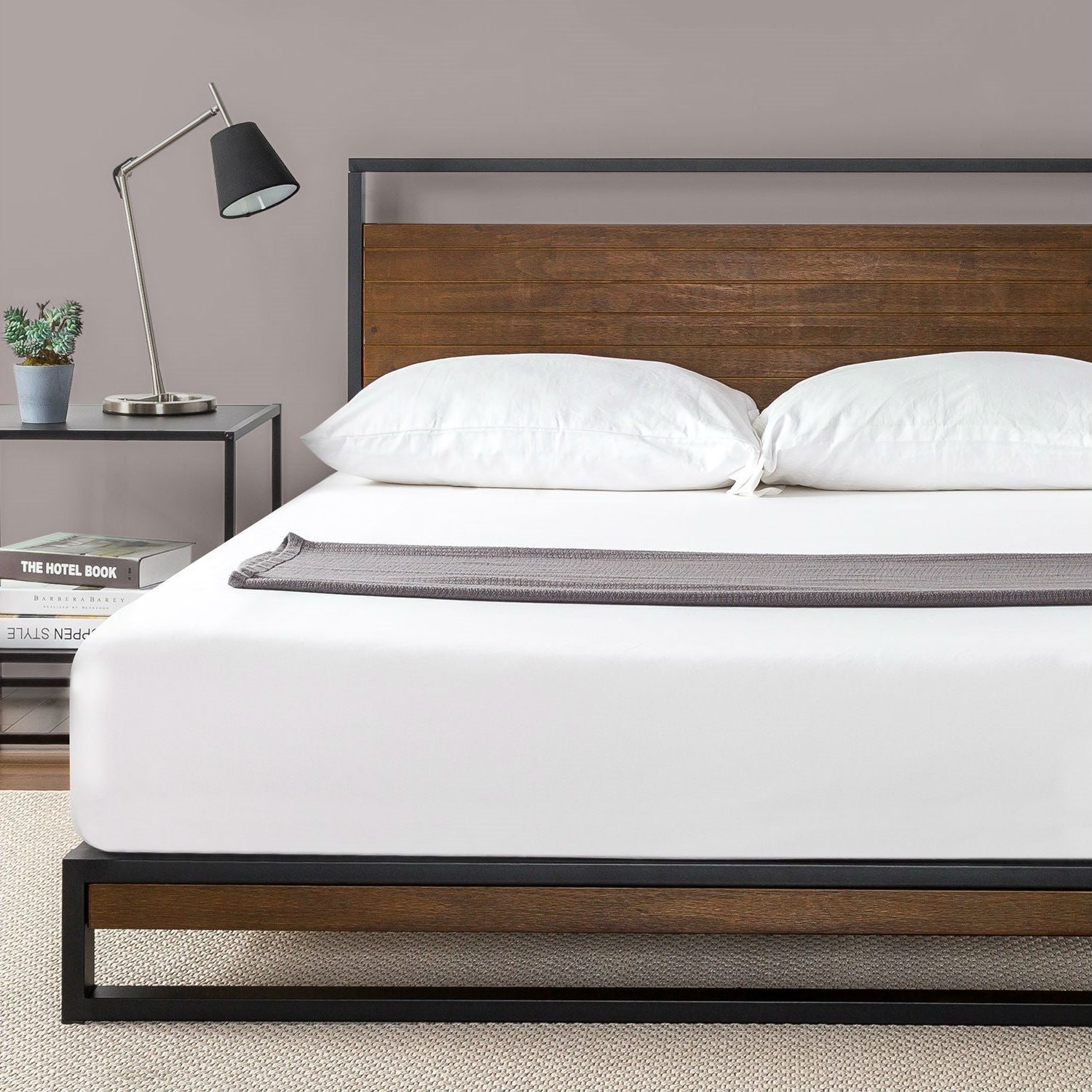 King size Metal Wood Platform Bed Frame with Headboard in a modern bedroom setting with nightstand and lamp.