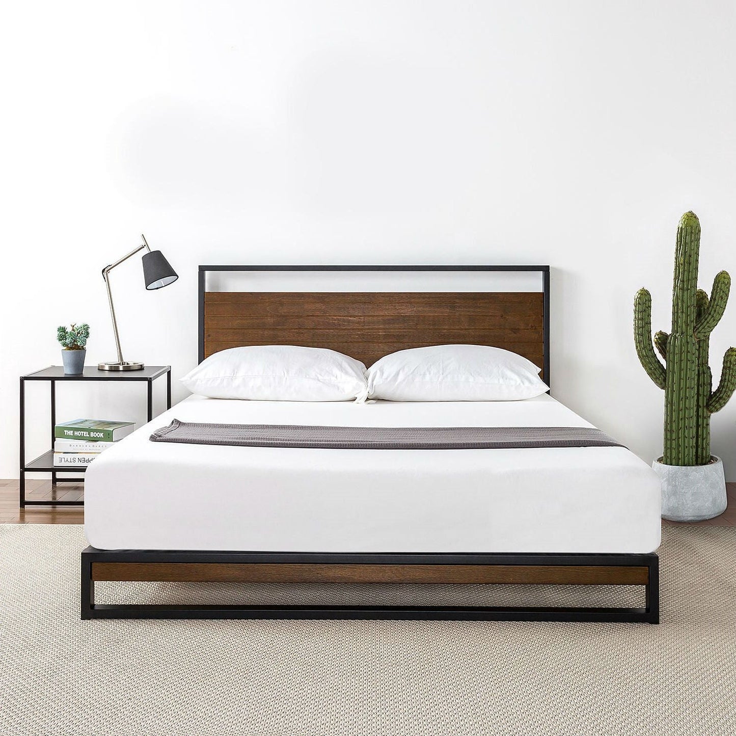 King size Metal Wood Platform Bed Frame with Headboard featuring a sleek design and cherry finished pine wood headboard.