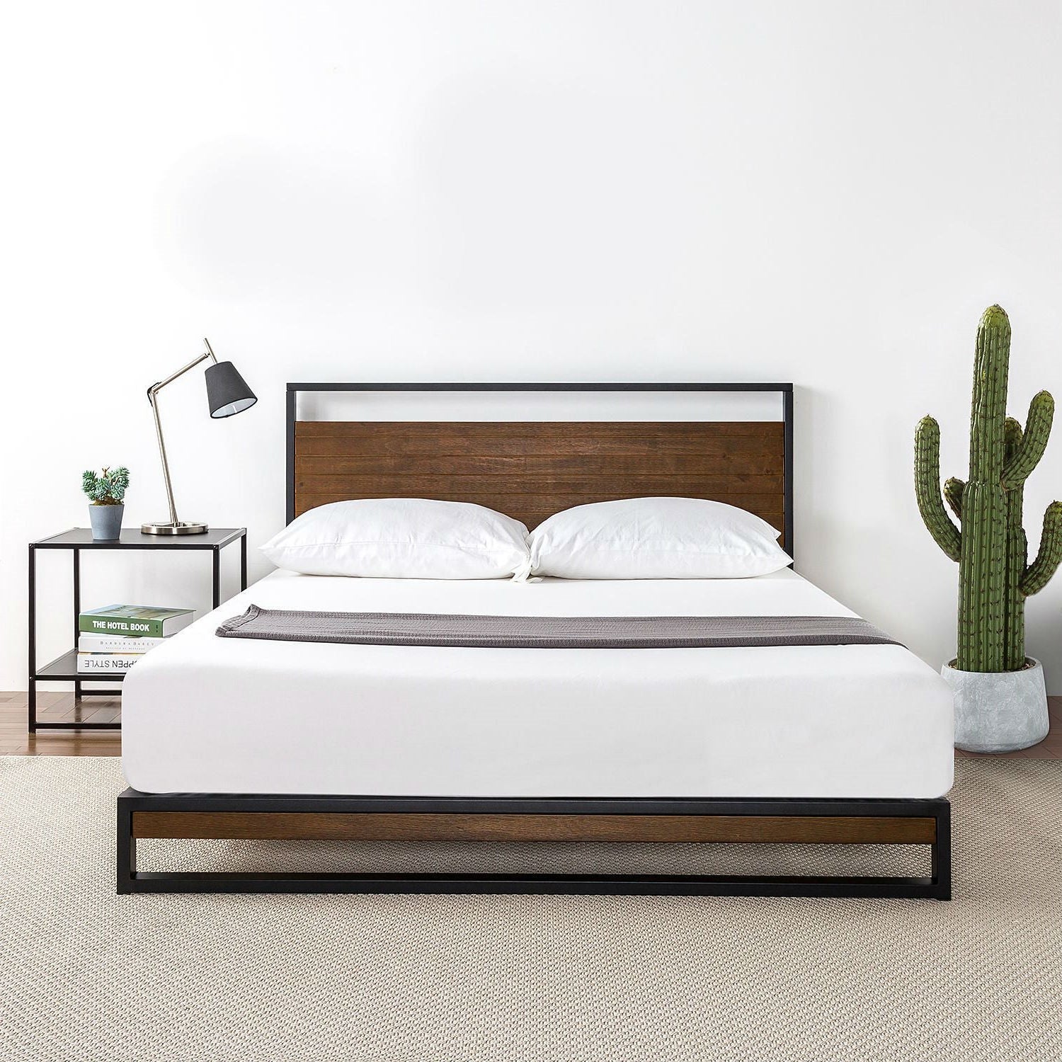 King size Metal Wood Platform Bed Frame with Headboard featuring a sleek design and cherry finished pine wood headboard.