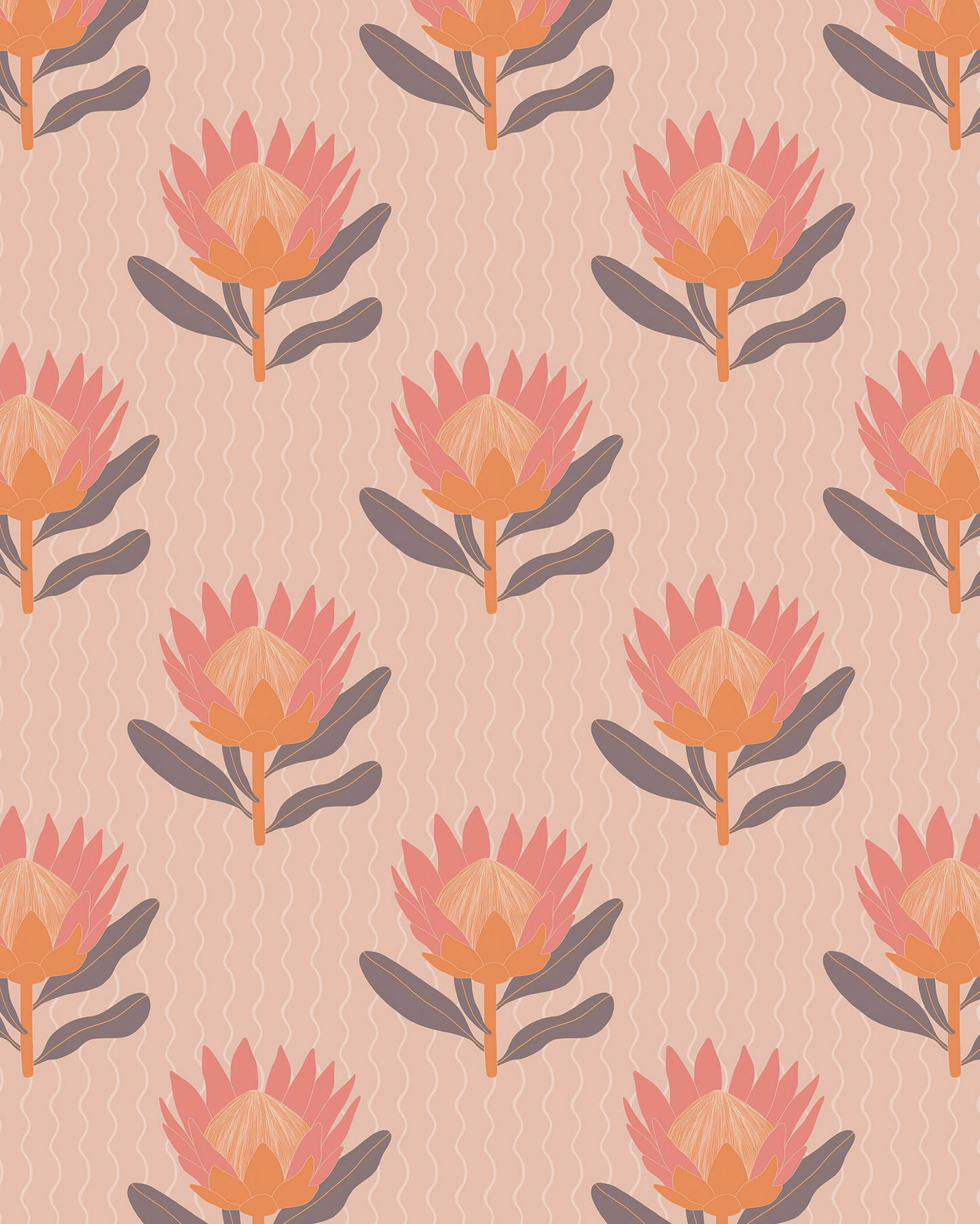 King Protea Wallpaper, coral and orange