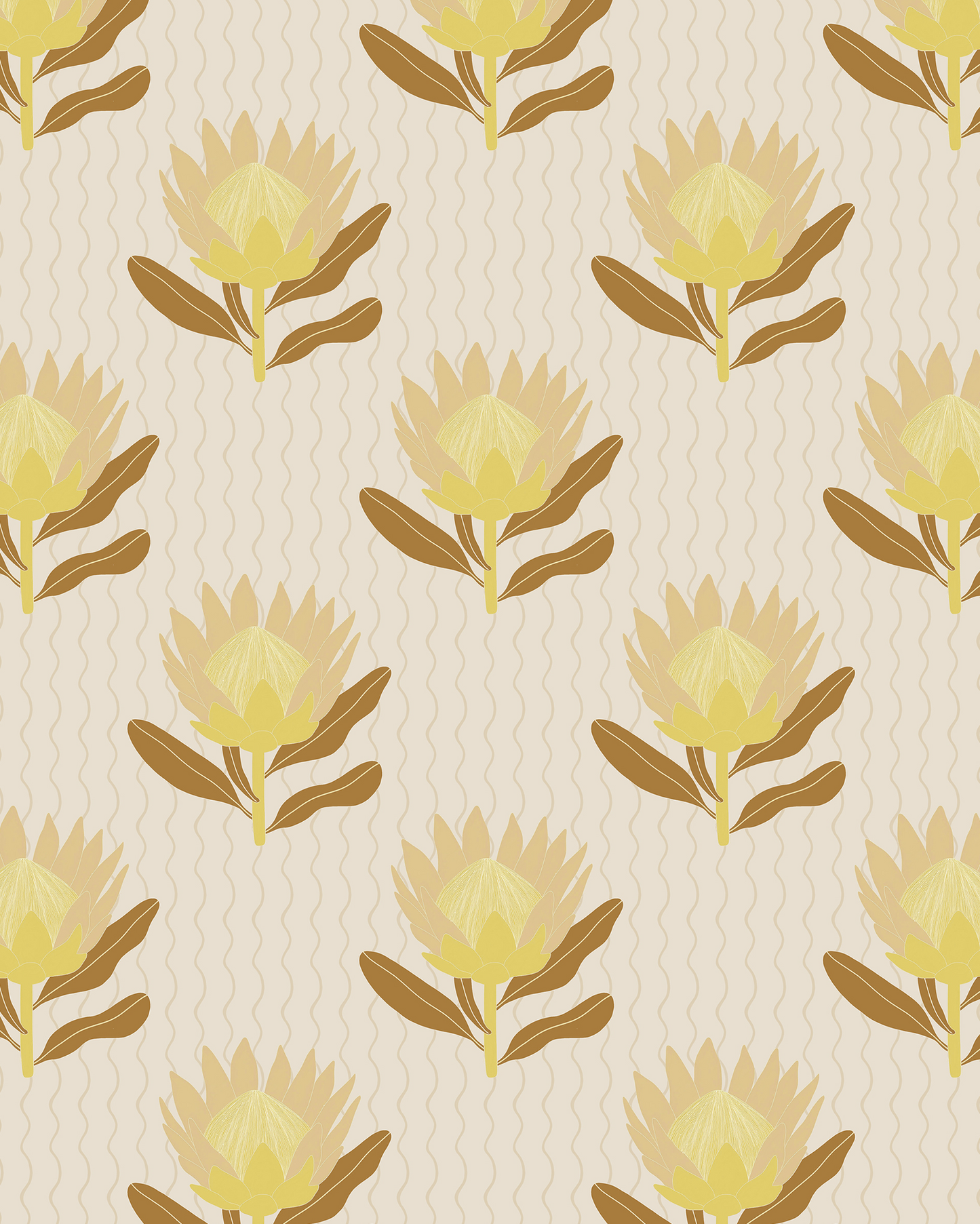 King Protea Wallpaper, neutral and brown mustard