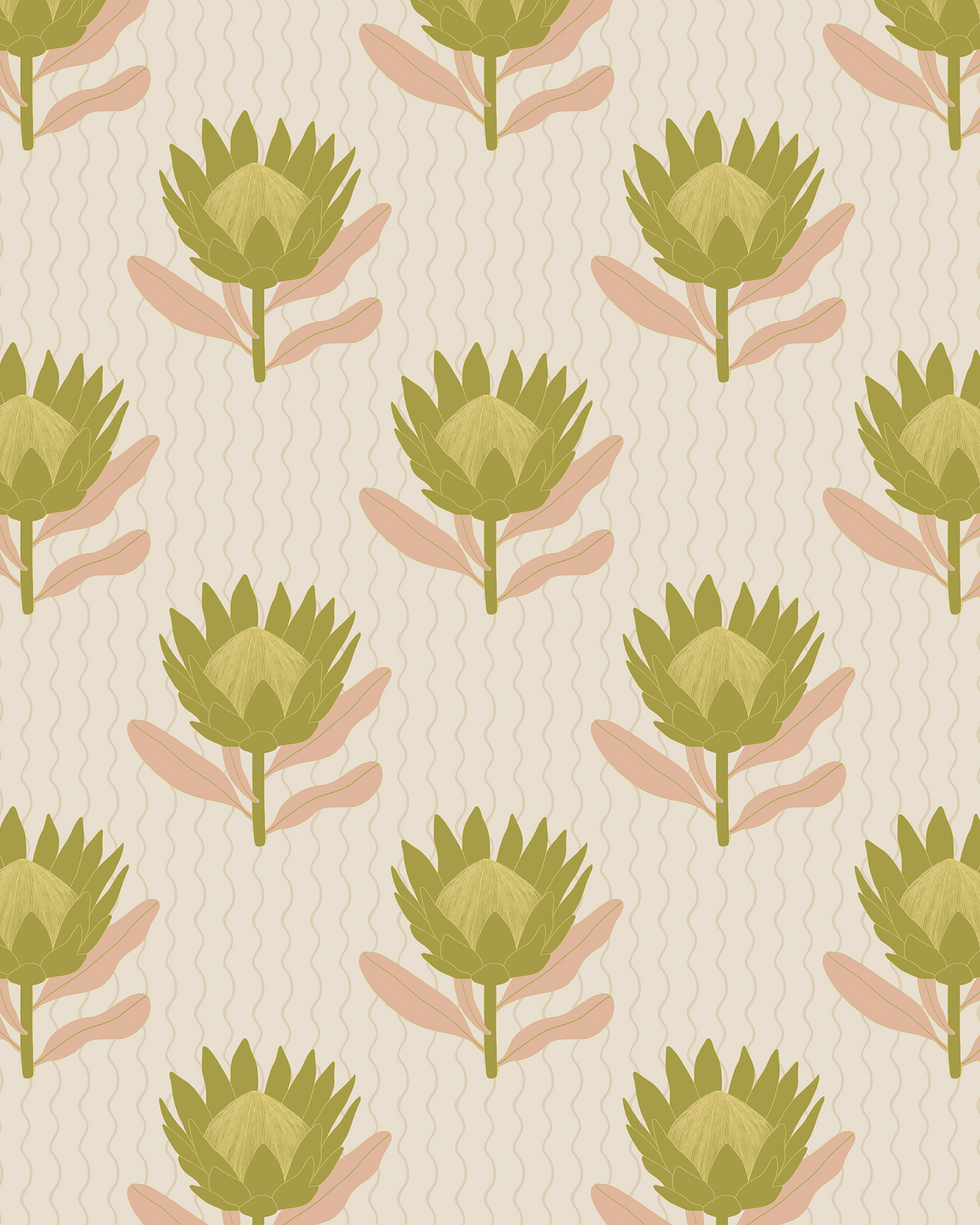 King Protea Wallpaper, tan and olive