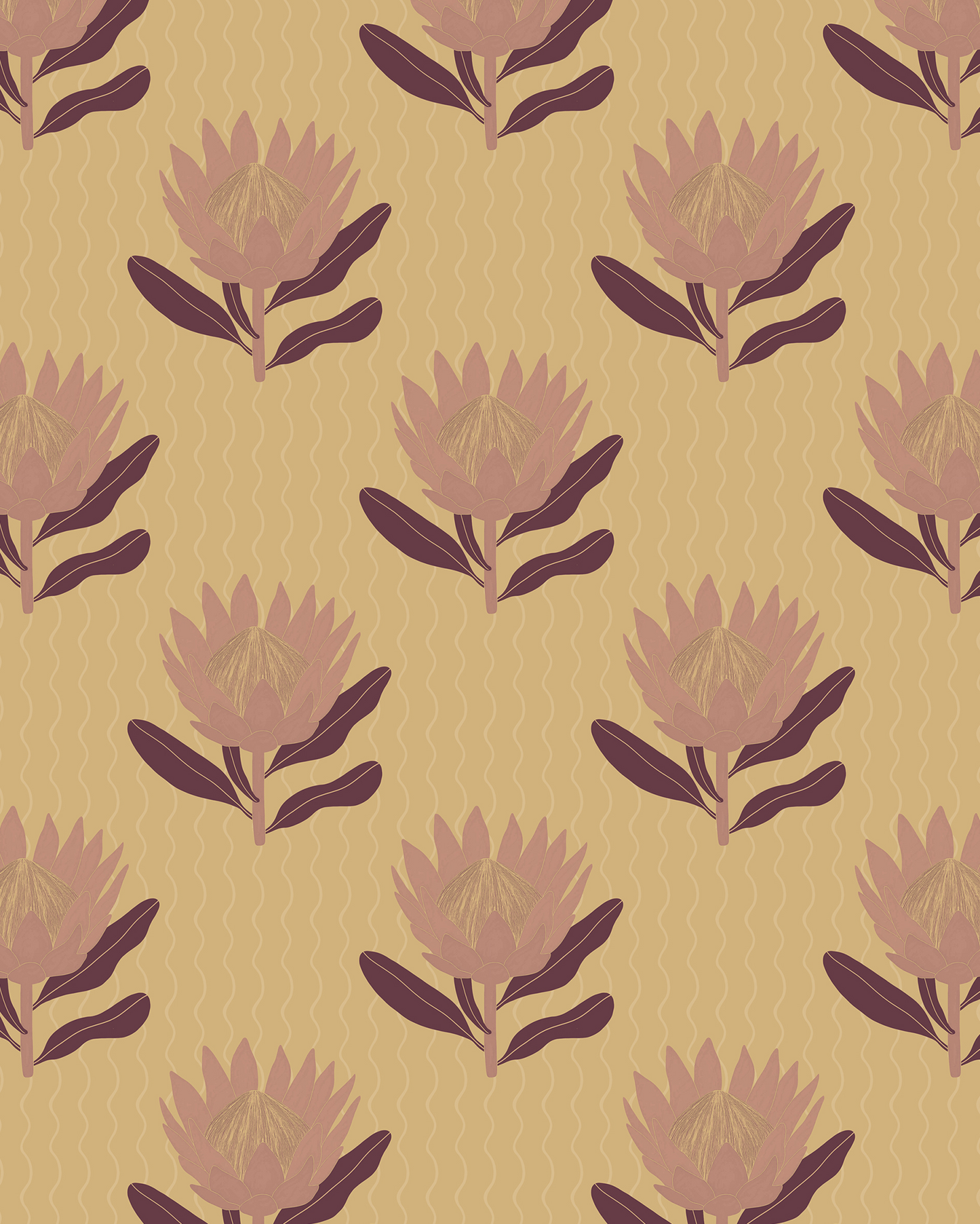King Protea Wallpaper, butter yellow and mauve