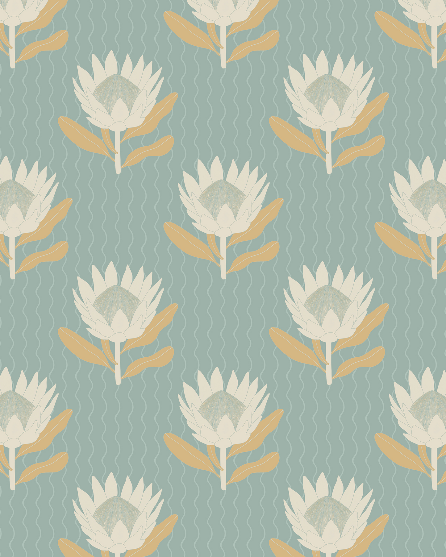 King Protea Wallpaper, light blue and apricot
