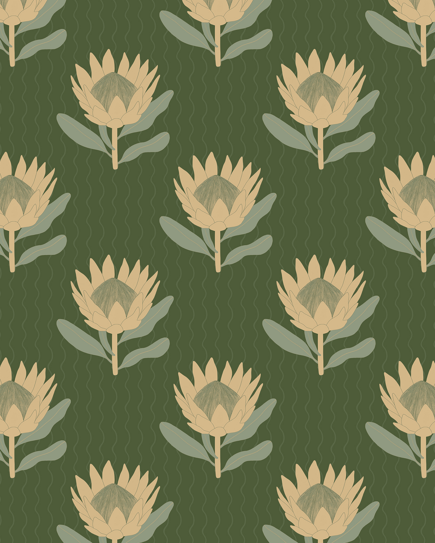 King Protea Wallpaper, forest green and butter yellow