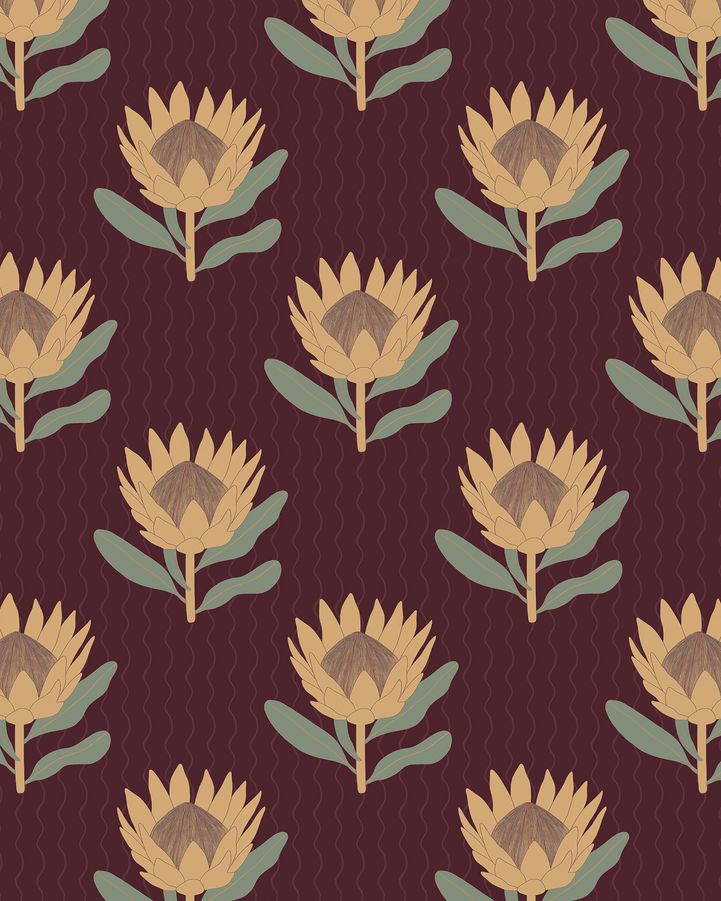 King Protea Wallpaper, dark plum and butter yellow
