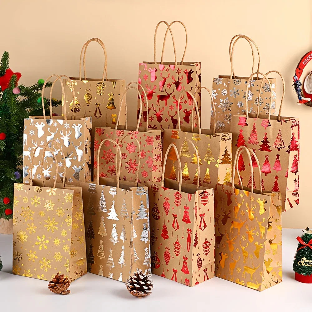 Kraft Paper Gift Bags with Cartoon Christmas Tree Reindeer Snowflake Pattern