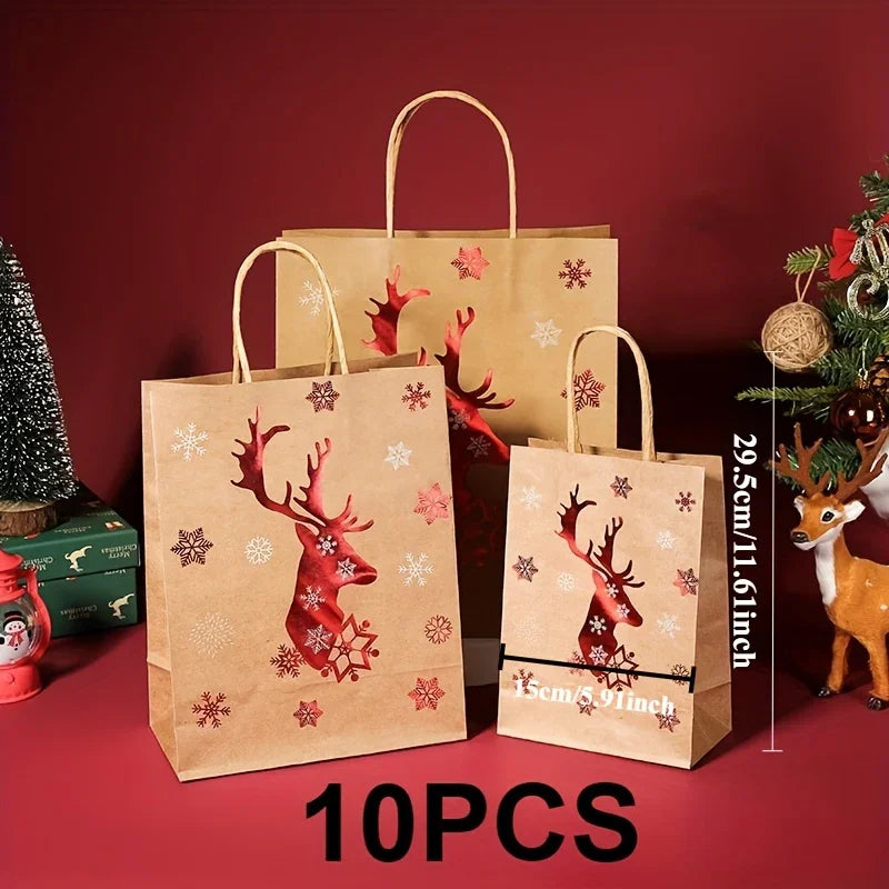 Kraft Paper Gift Bags with Cartoon Christmas Tree Reindeer Snowflake Pattern