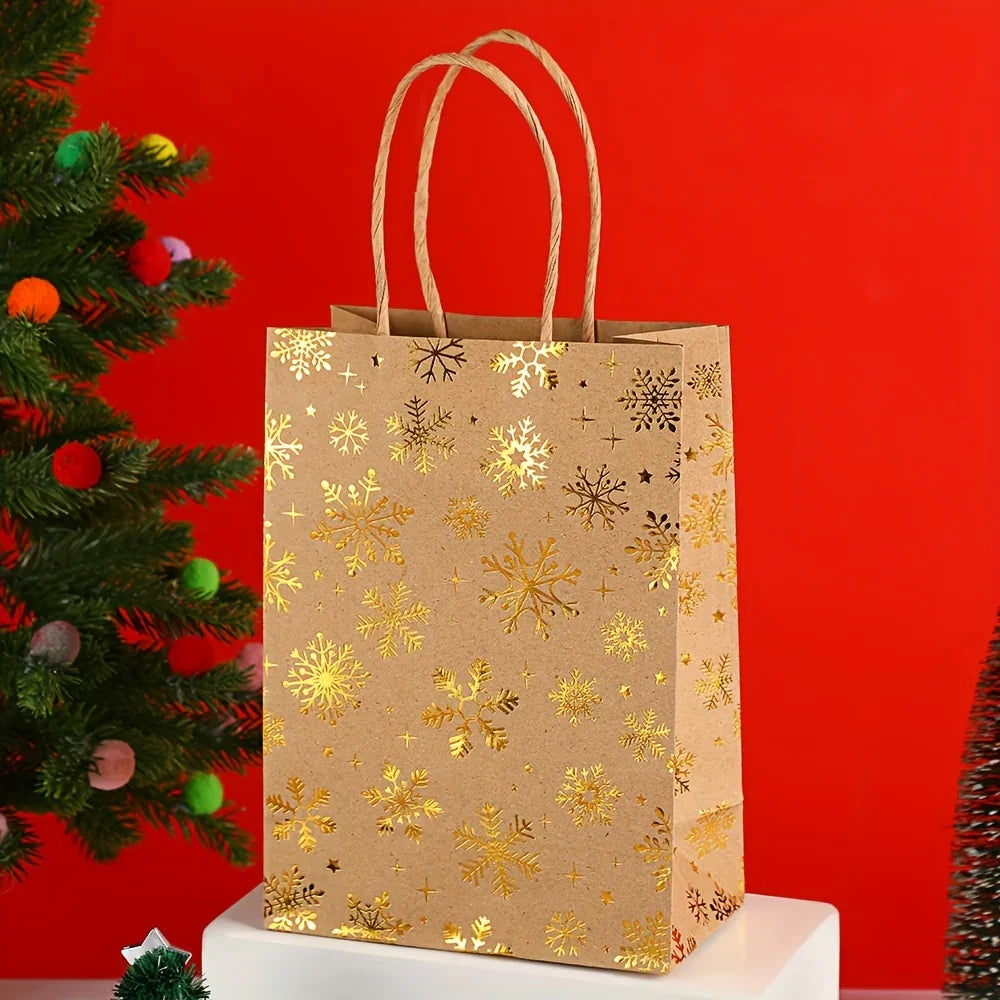 Kraft Paper Gift Bags with Cartoon Christmas Tree Reindeer Snowflake Pattern