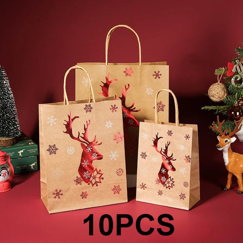 Kraft Paper Gift Bags with Cartoon Christmas Tree Reindeer Snowflake Pattern
