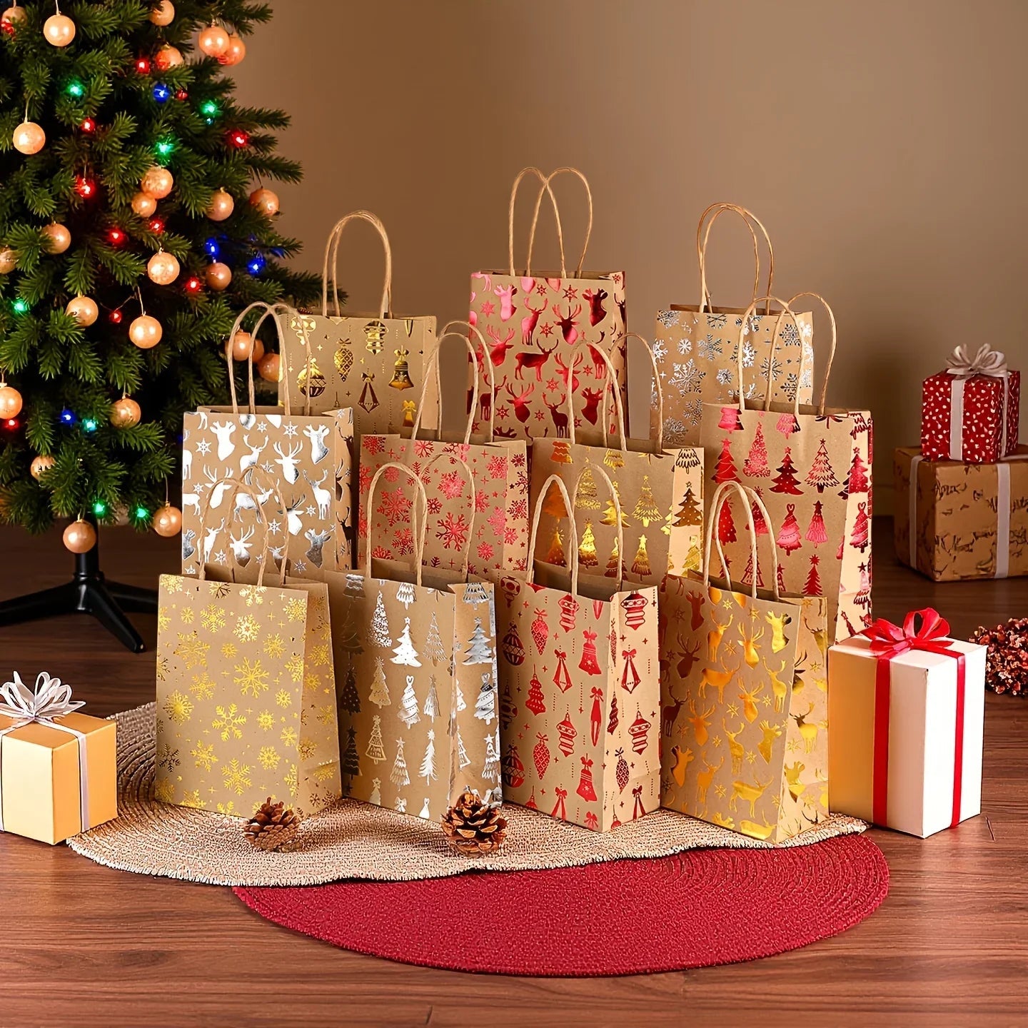 Kraft Paper Gift Bags with Cartoon Christmas Tree Reindeer Snowflake Pattern