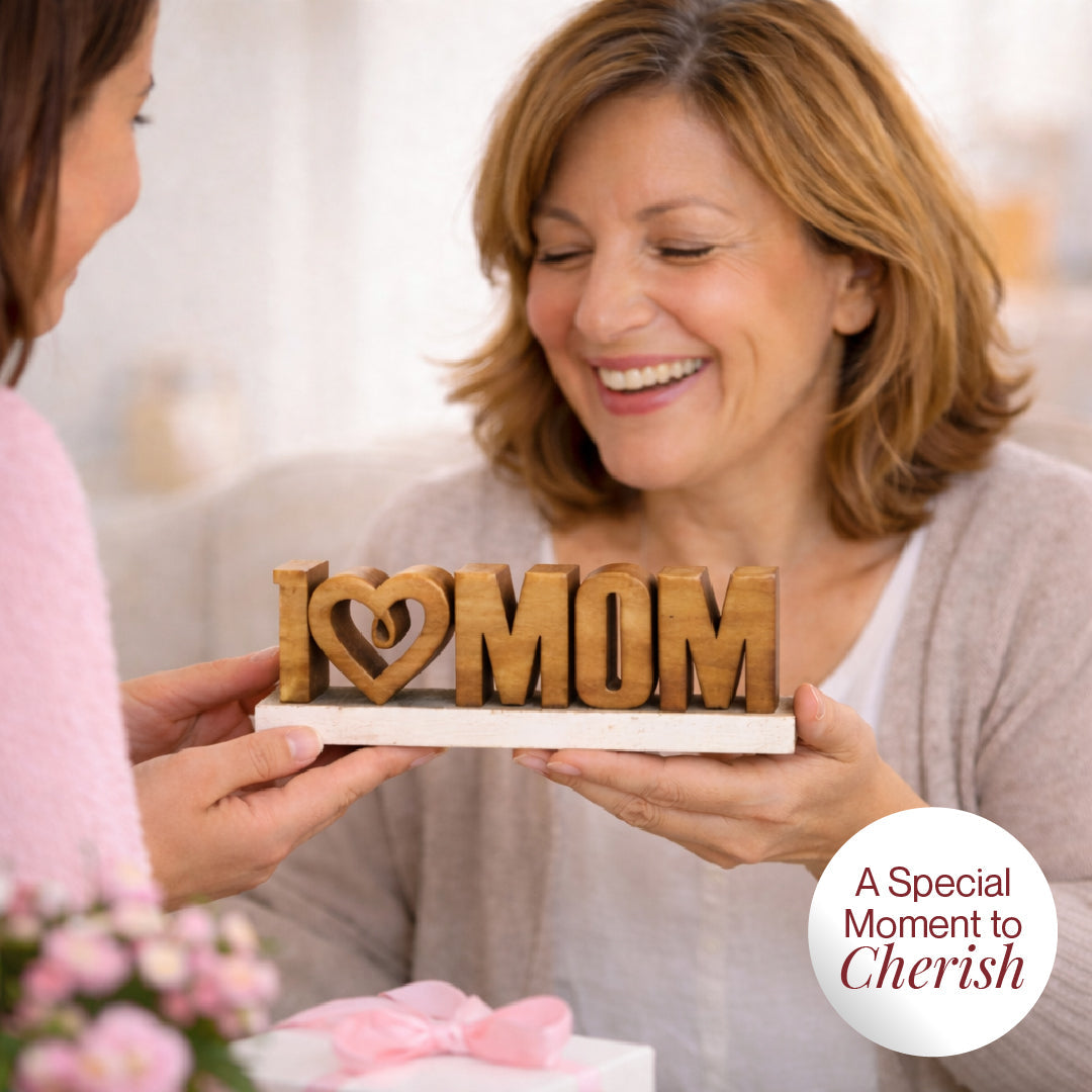 Handmade Wooden Sculpture – Love Mom Gift | Acacia Wood Decor Plaque