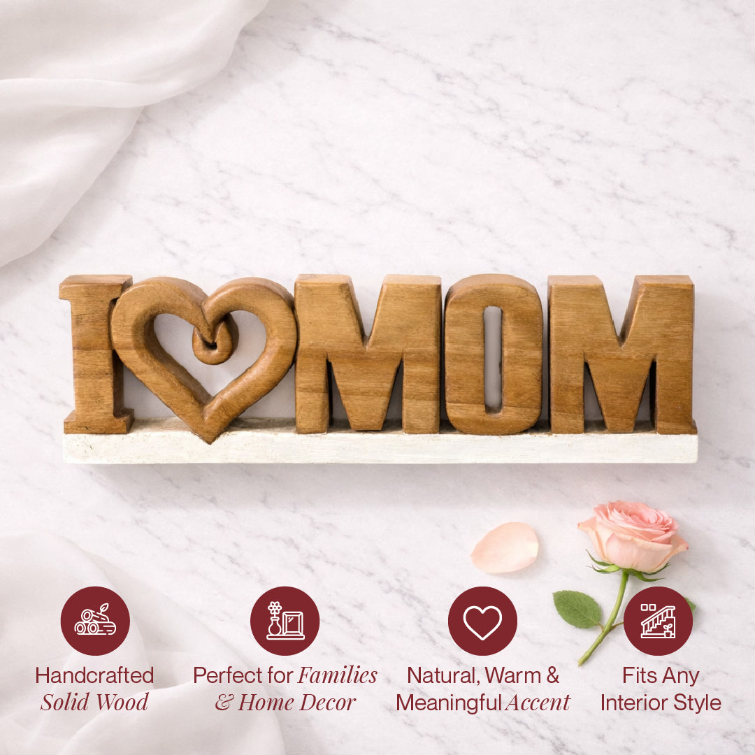 Handmade Wooden Sculpture – Love Mom Gift | Acacia Wood Decor Plaque