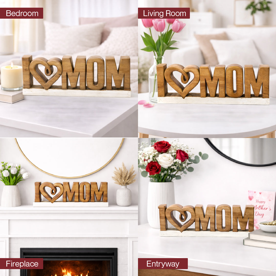 Handmade Wooden Sculpture – Love Mom Gift | Acacia Wood Decor Plaque