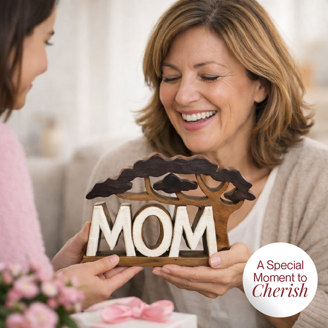 Wooden Mom Sculpture – Handmade Wooden Sign | Rustic Acacia Wood Plaque Gift