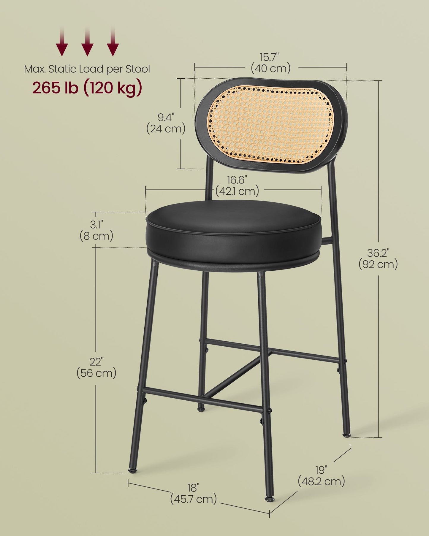 Counter Height Bar Stool with PE Rattan Back Set of 2