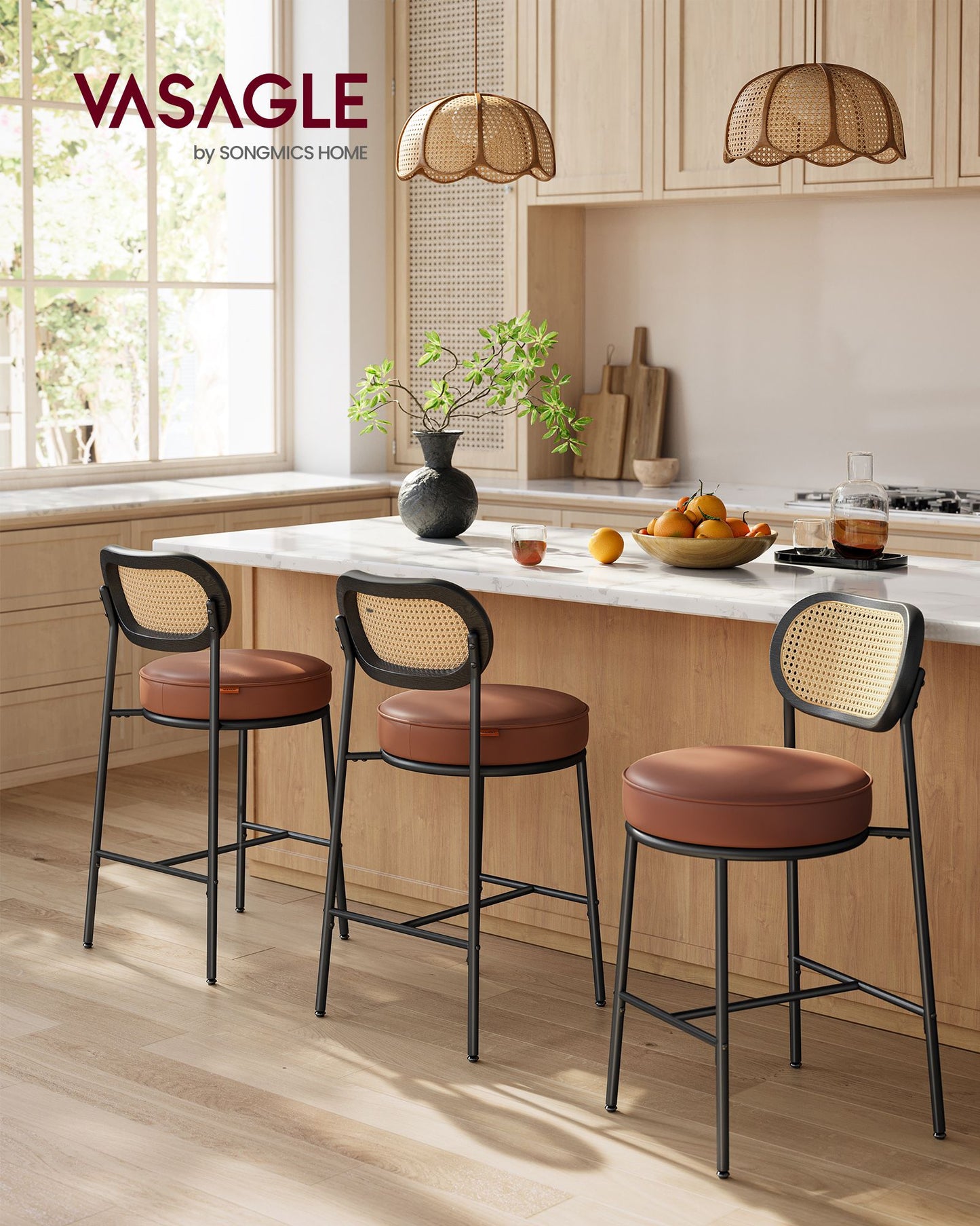 Counter Height Bar Stool with PE Rattan Back Set of 2