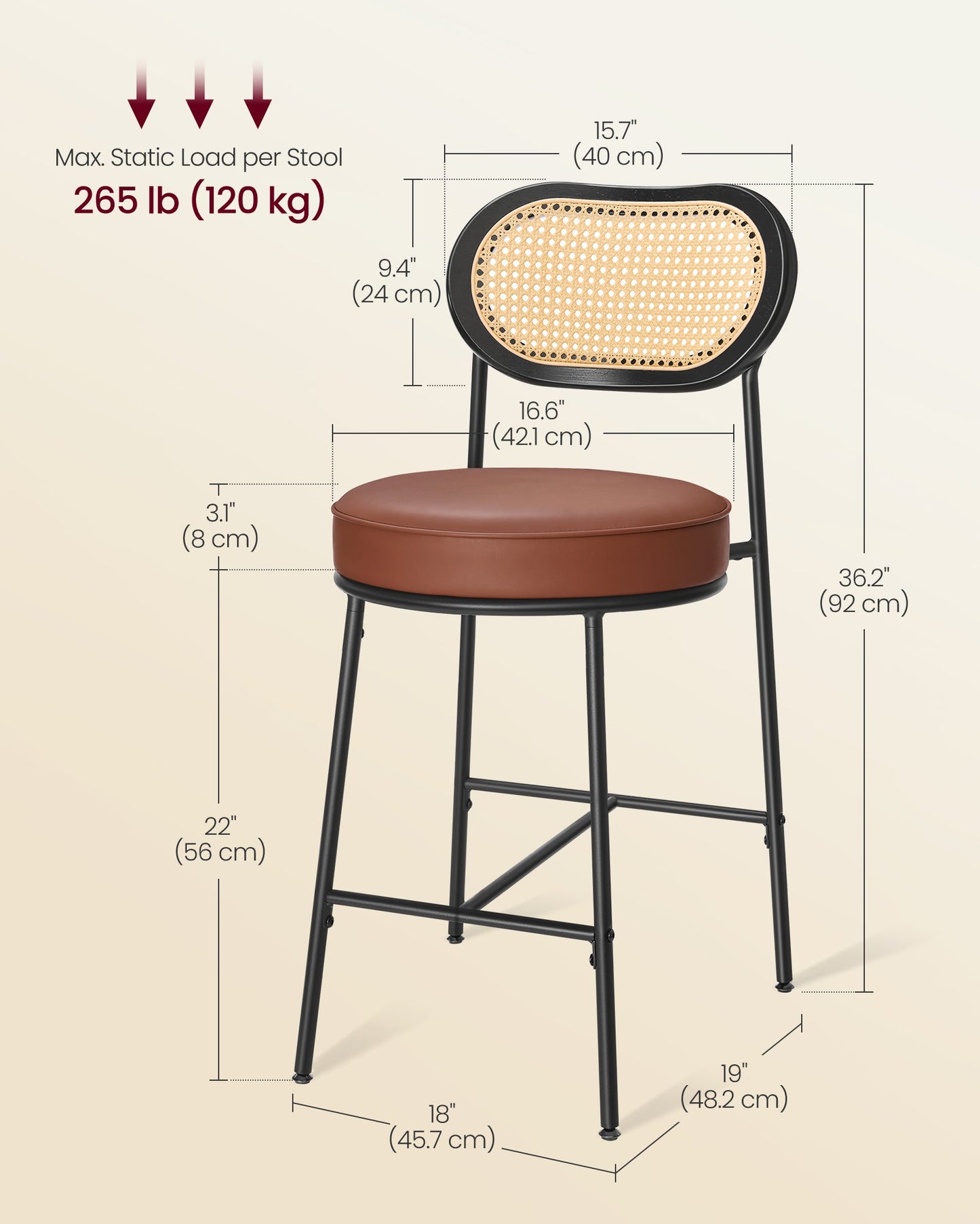 Counter Height Bar Stool with PE Rattan Back Set of 2