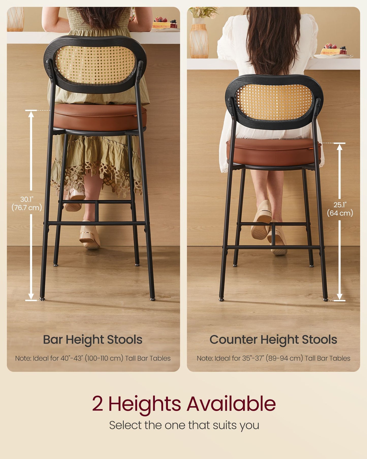 Counter Height Bar Stool with PE Rattan Back Set of 2