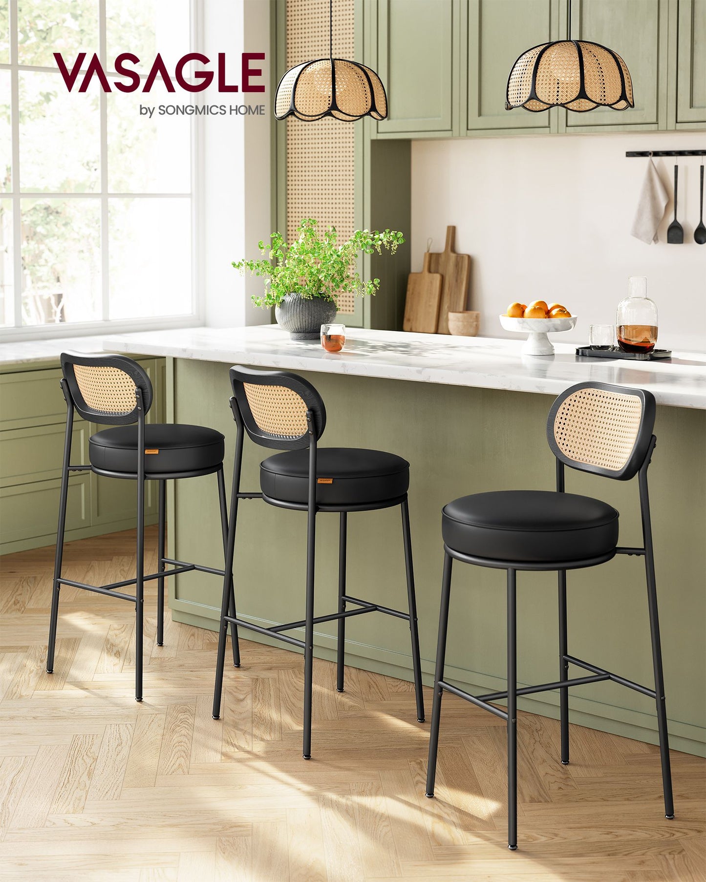 Bar Height Bar Stool with PE Rattan Back Set of 2