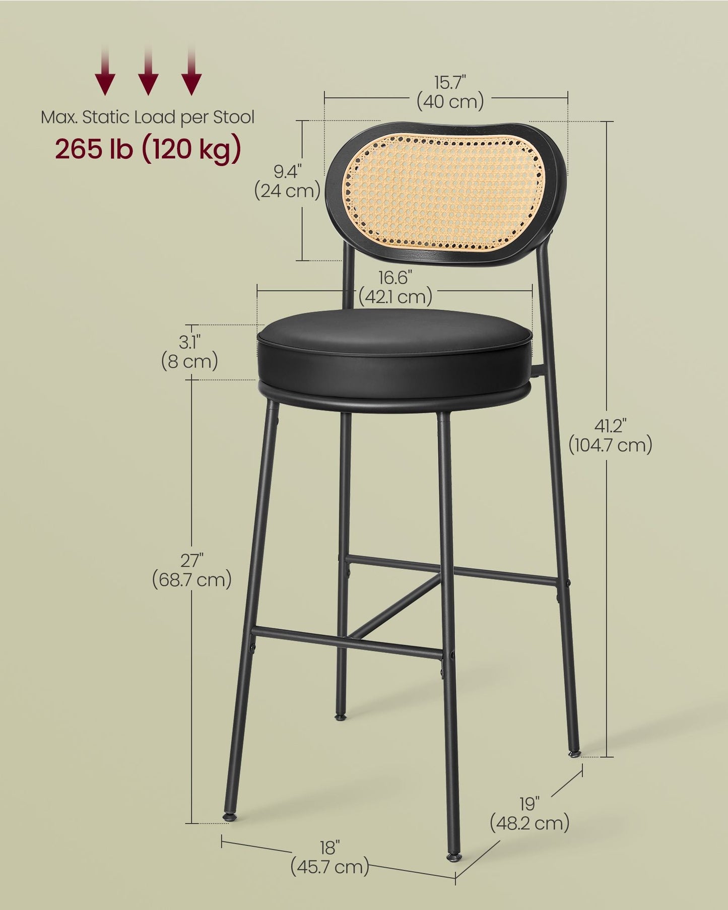 Bar Height Bar Stool with PE Rattan Back Set of 2
