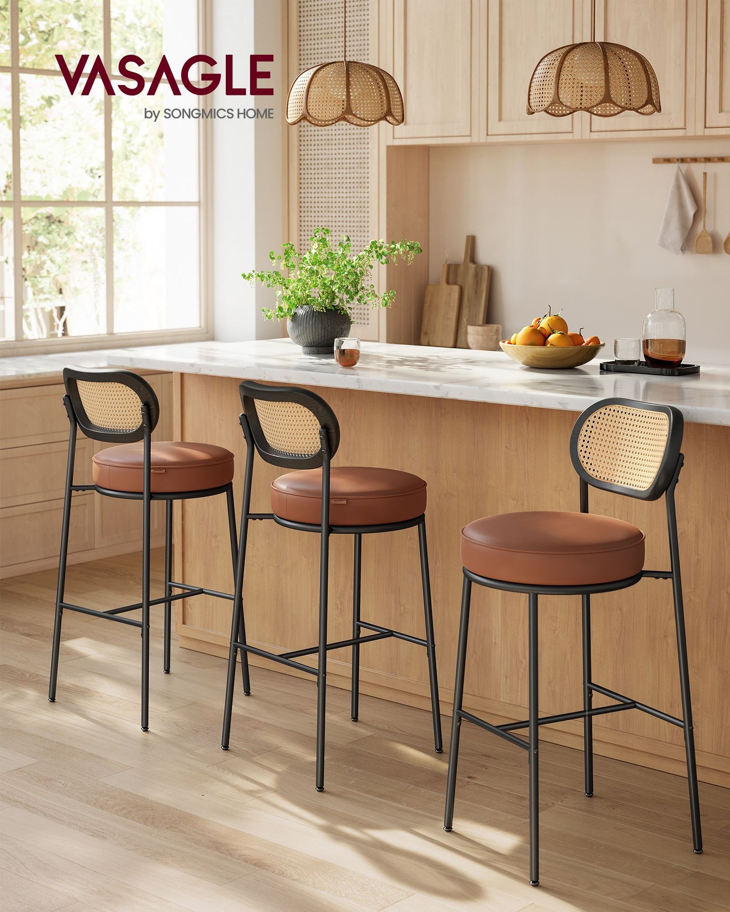 Bar Height Bar Stool with PE Rattan Back Set of 2