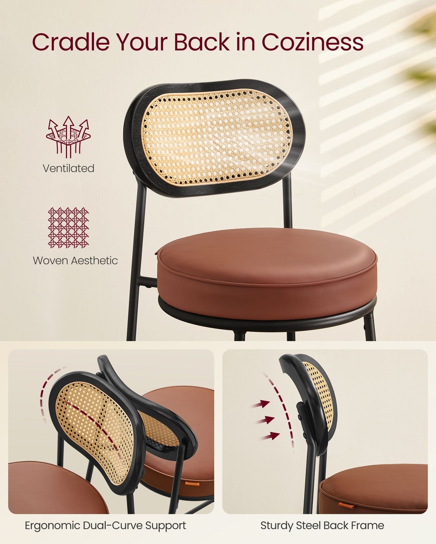Bar Height Bar Stool with PE Rattan Back Set of 2