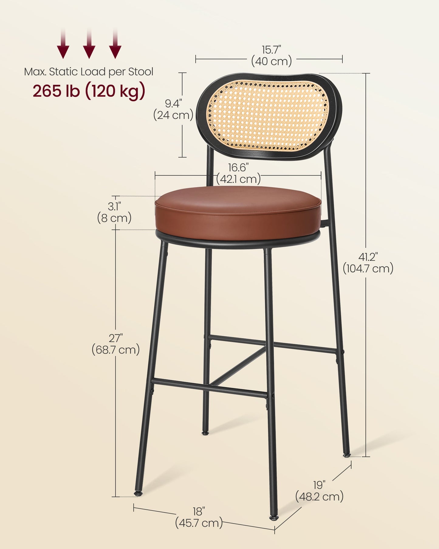 Bar Height Bar Stool with PE Rattan Back Set of 2