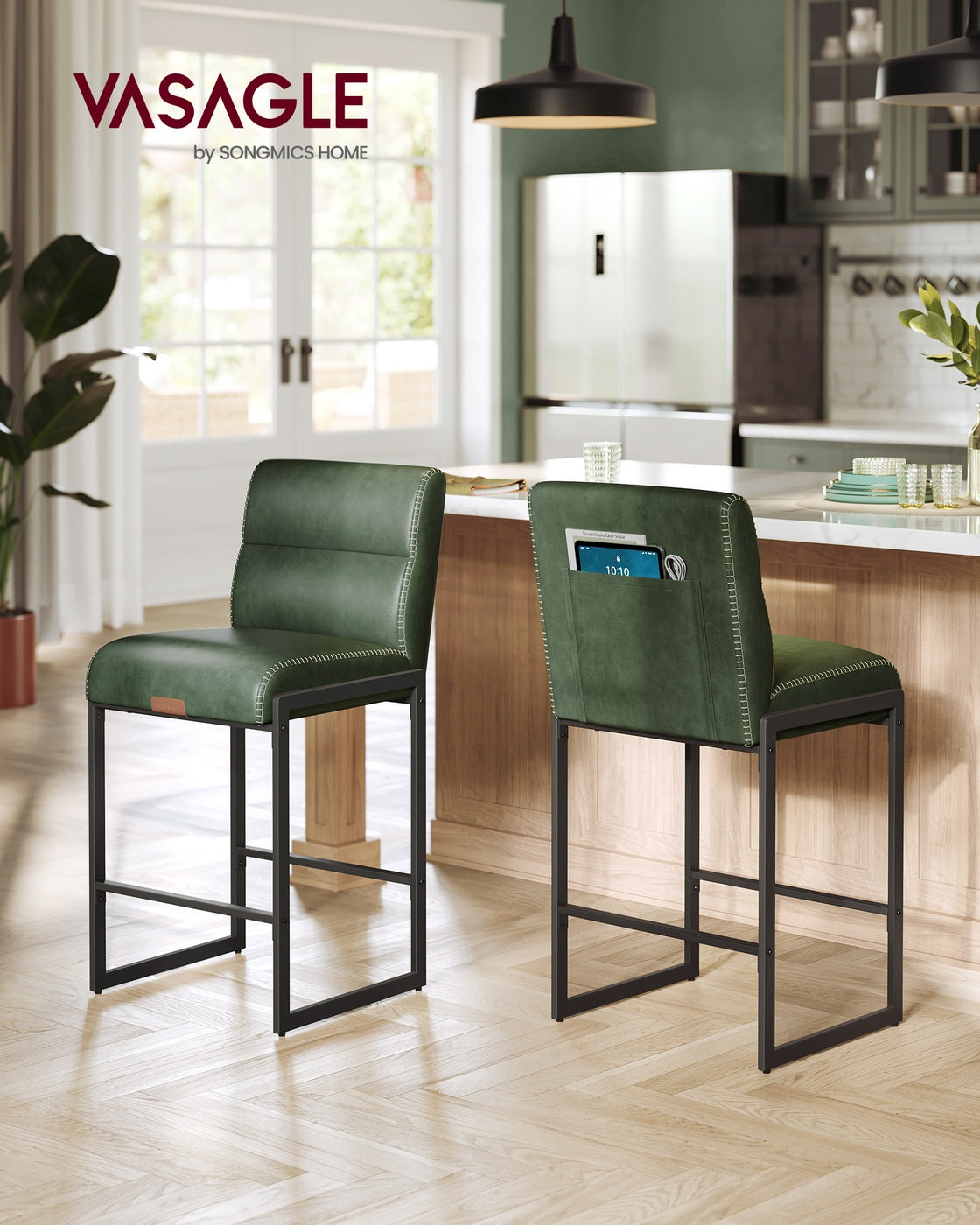 EKHO Collection - Bar Stools Set of 2, Counter Height Stools with Backs, Forest Green
