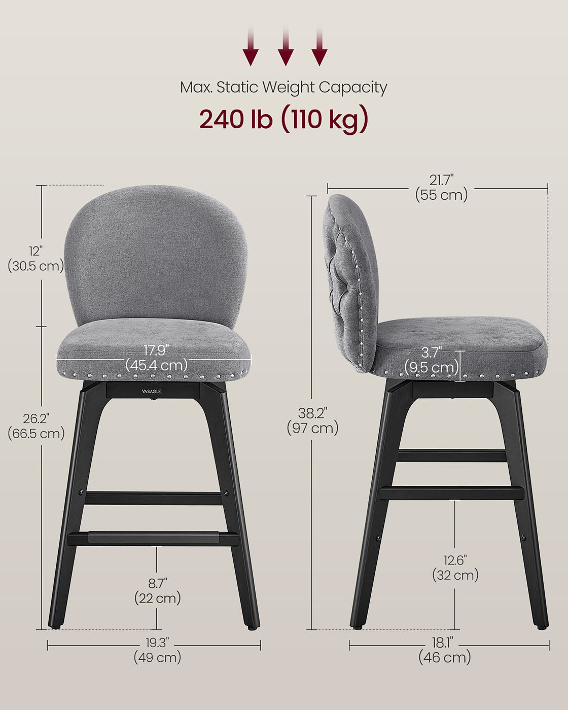 Bar Stools Set of 2 with Chenille Fabric