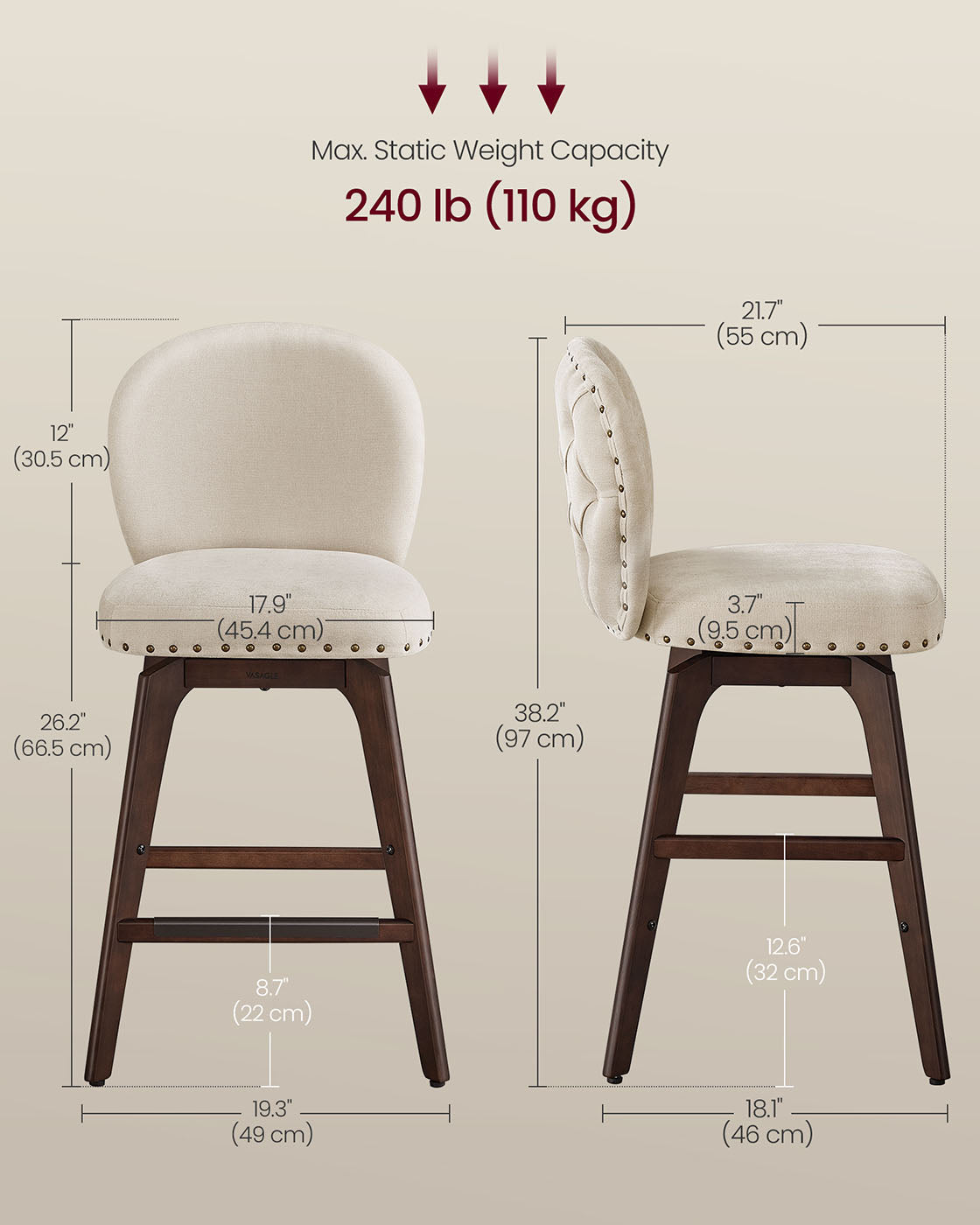 Bar Stools Set of 2 with Chenille Fabric