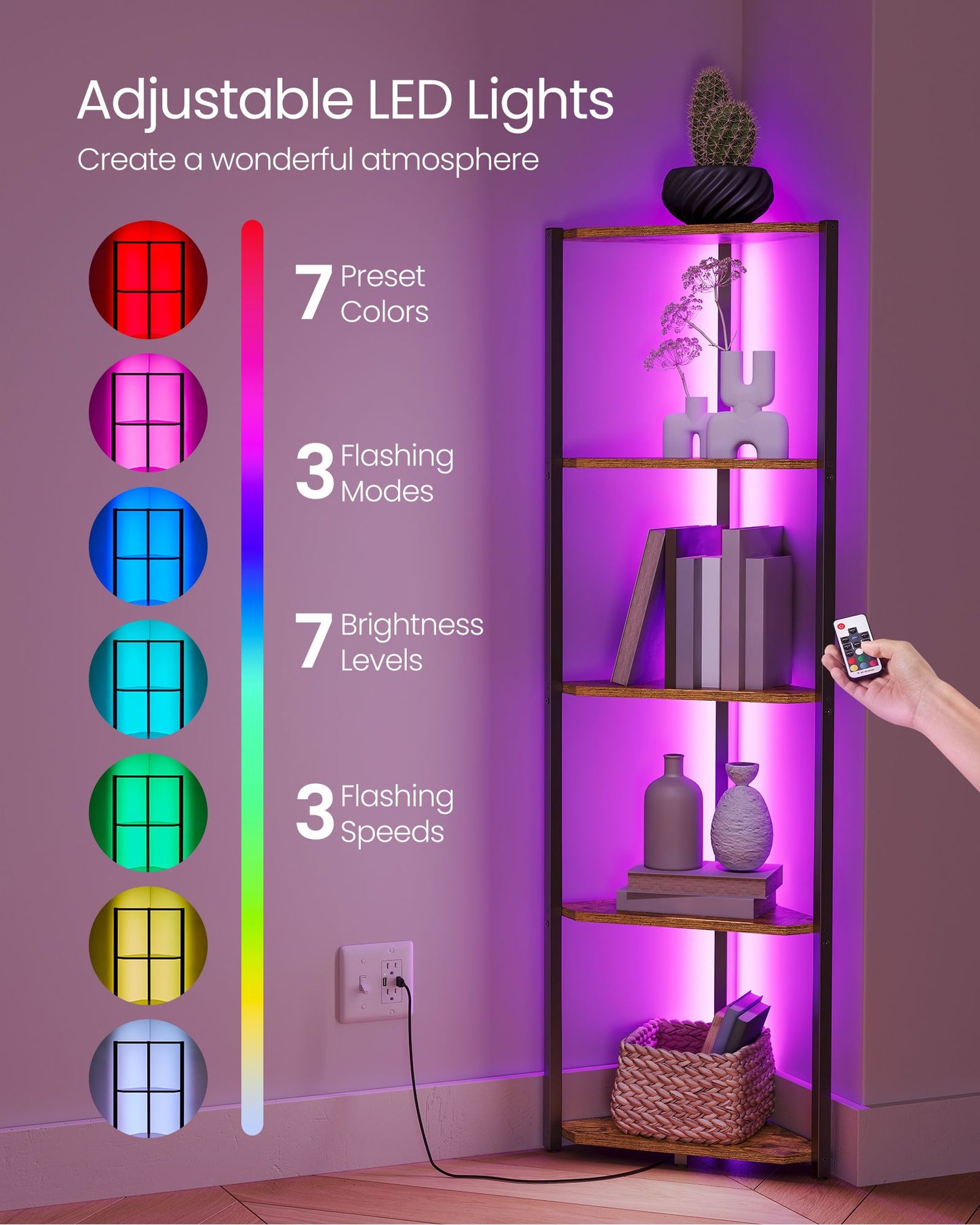 5-Tier Corner Bookshel with LED Lights