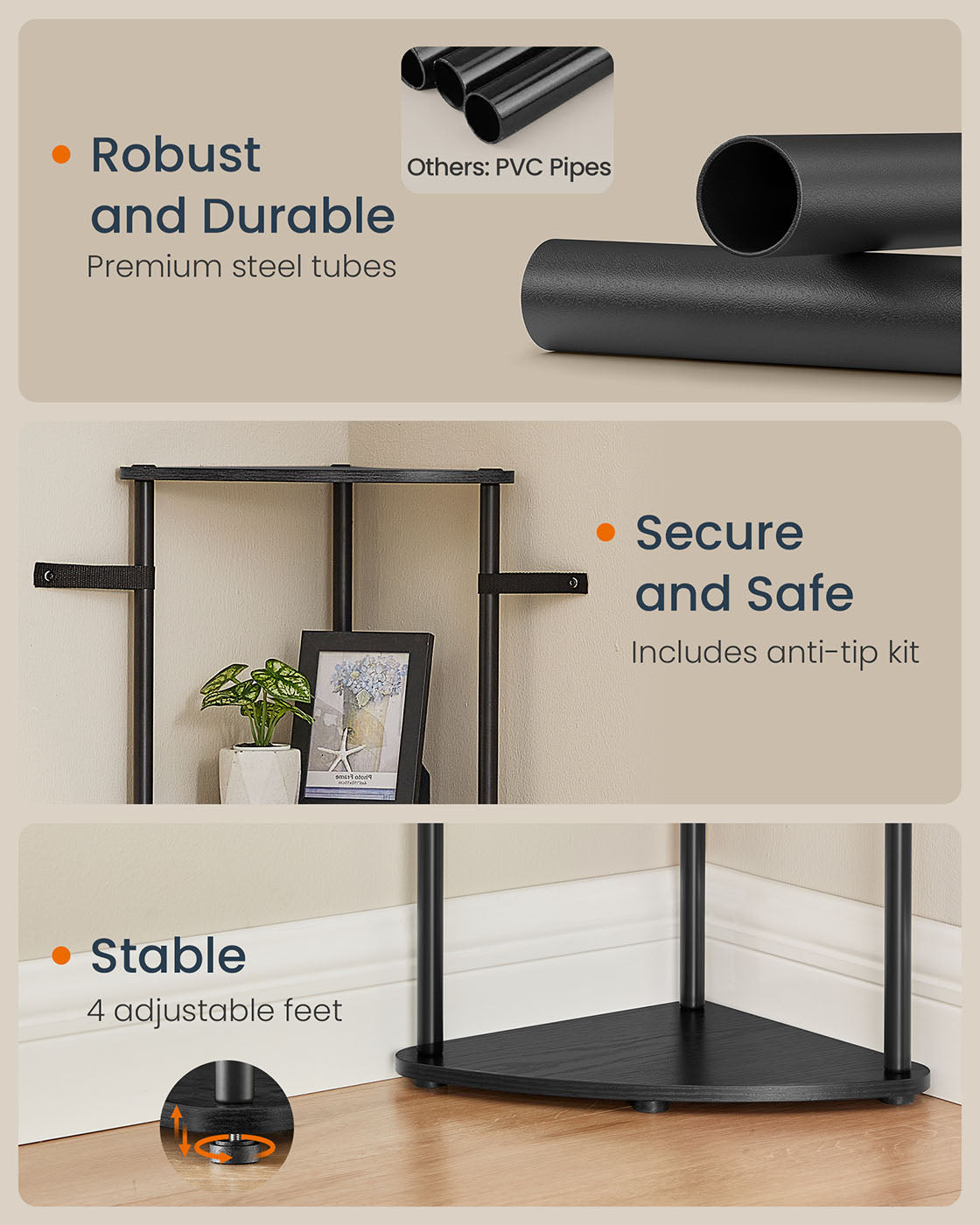 Superfast Toolless Assembly Corner Shelf Stand 3-Tier Ink Black