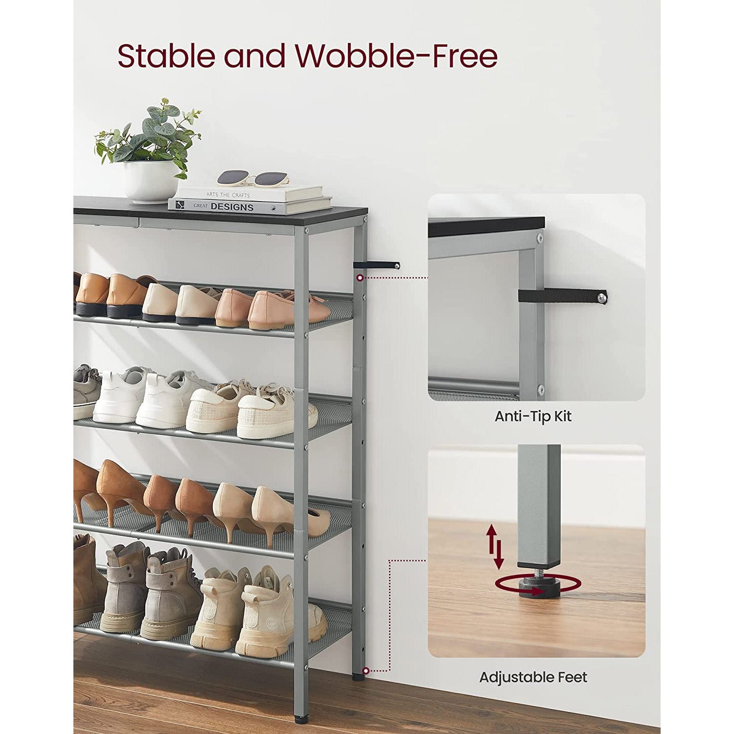 5-Tier Shoe Rack with Storage Shelves and Spacious Top