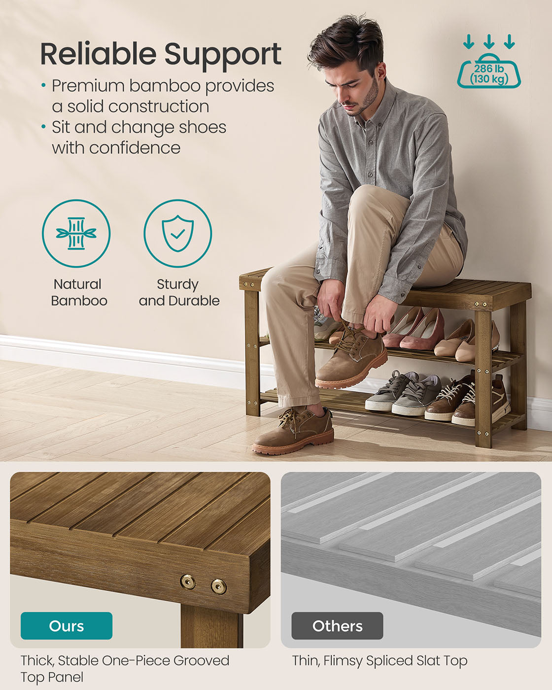 Shoe Rack Bench 3-Tier Bamboo Shoe Storage Organizer Yellow Brown