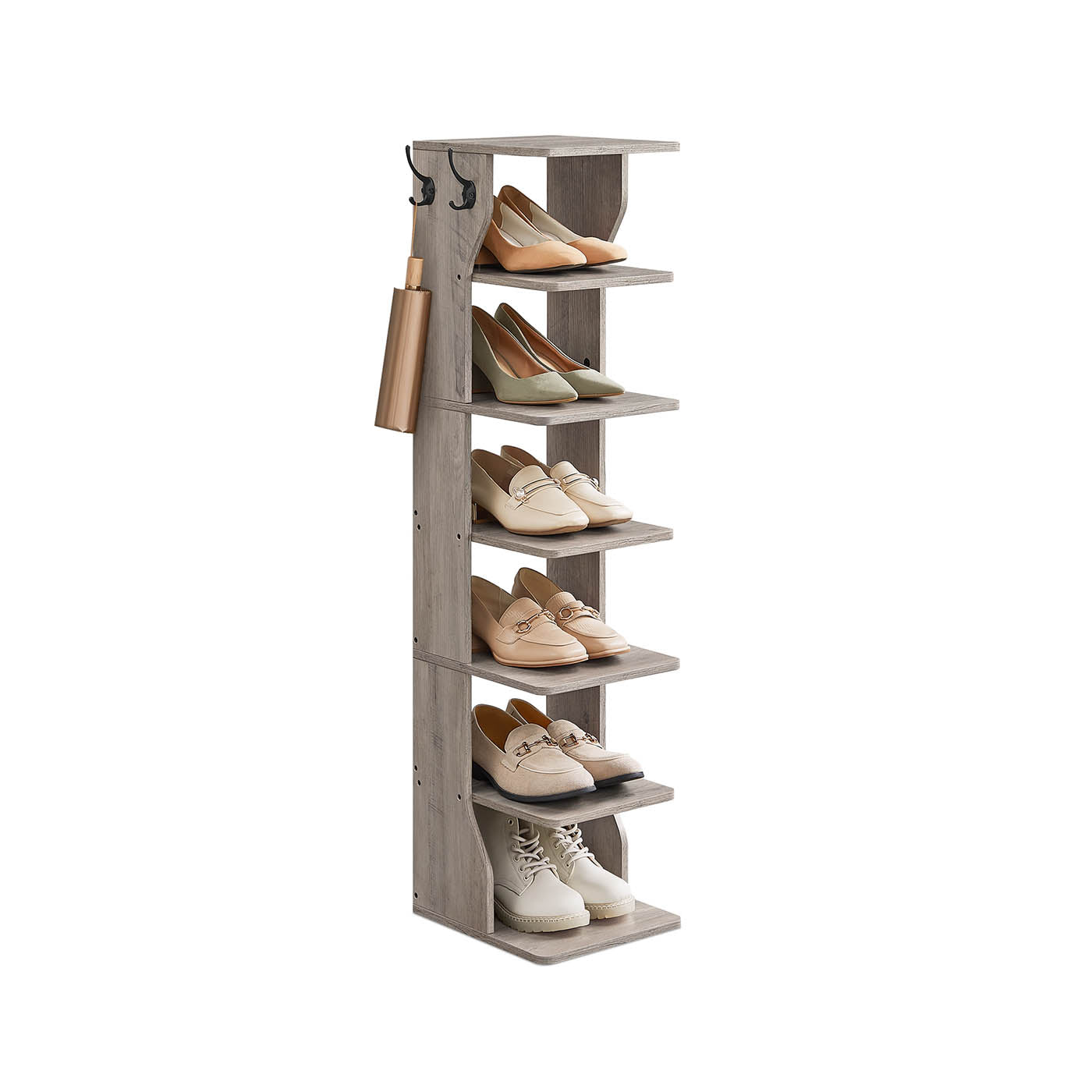 7-Tier Vertical Shoe Rack with Hooks Slim Corner Shoe Tower Rack Heather Greige