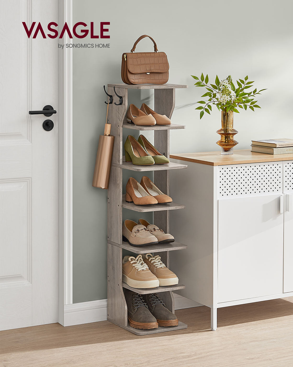 7-Tier Vertical Shoe Rack with Hooks Slim Corner Shoe Tower Rack Heather Greige