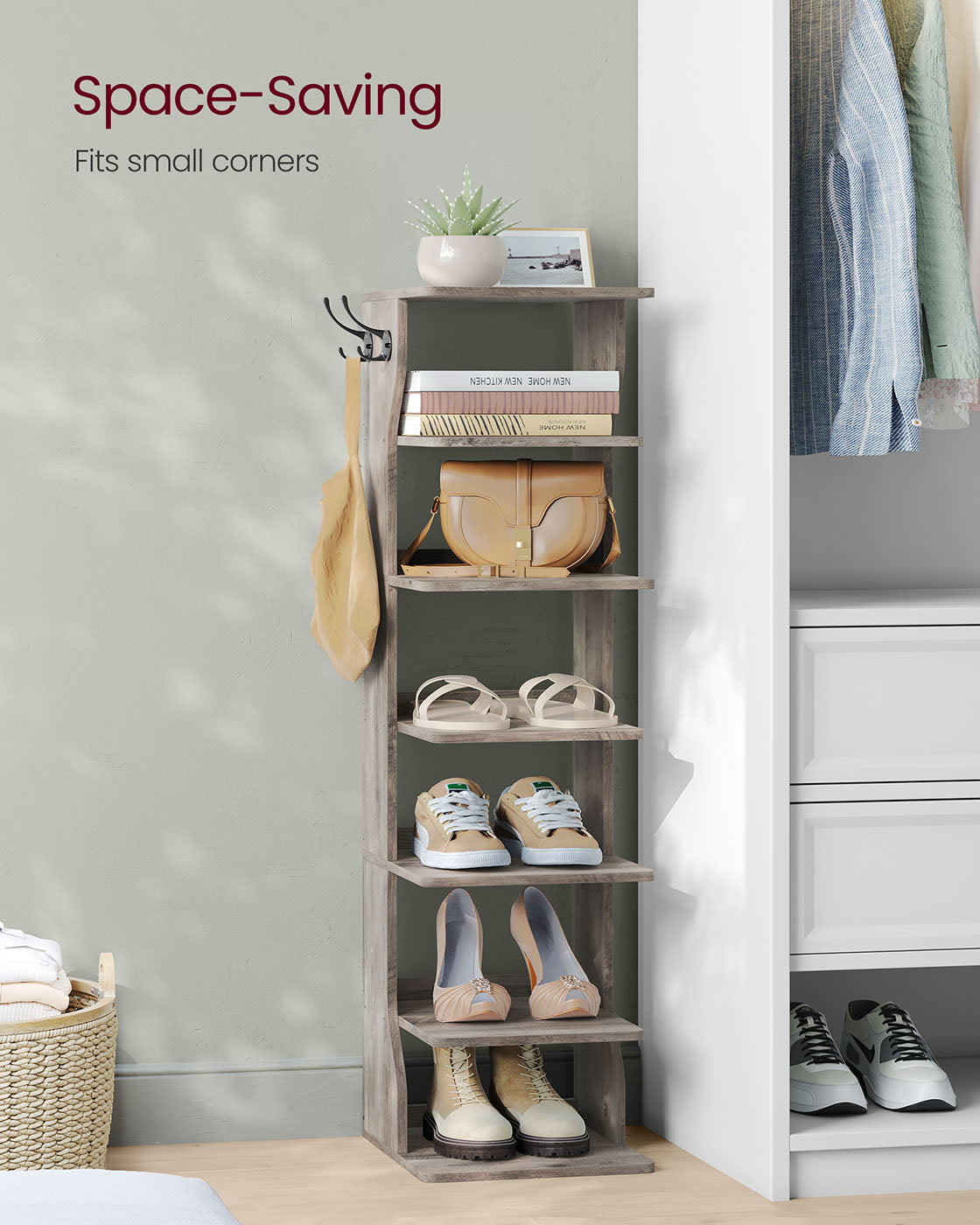 7-Tier Vertical Shoe Rack with Hooks Slim Corner Shoe Tower Rack Heather Greige