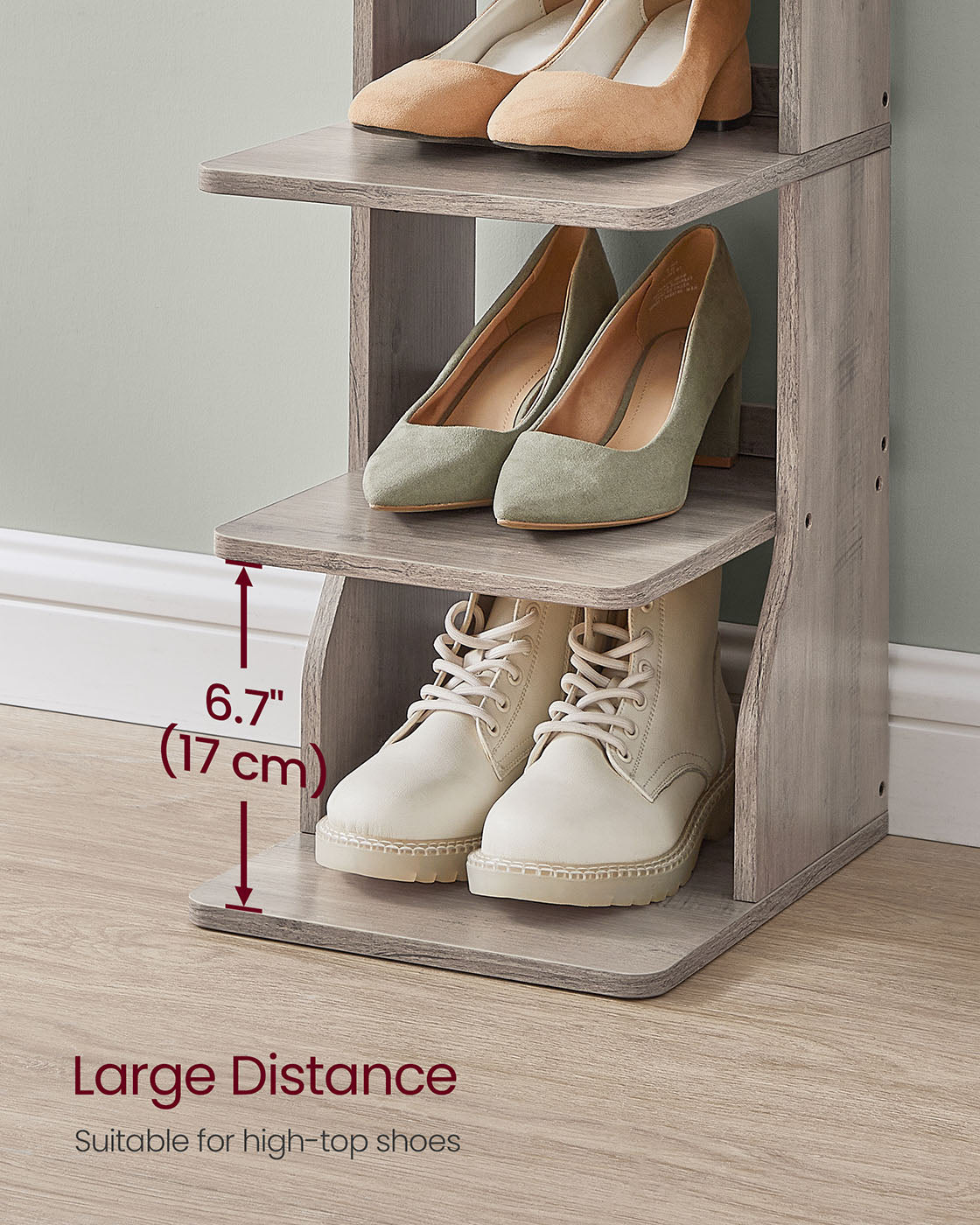7-Tier Vertical Shoe Rack with Hooks Slim Corner Shoe Tower Rack Heather Greige