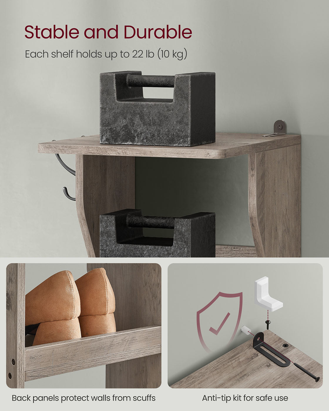 7-Tier Vertical Shoe Rack with Hooks Slim Corner Shoe Tower Rack Heather Greige