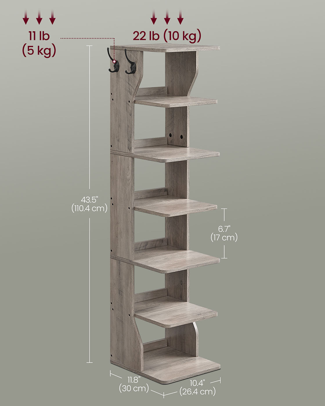 7-Tier Vertical Shoe Rack with Hooks Slim Corner Shoe Tower Rack Heather Greige