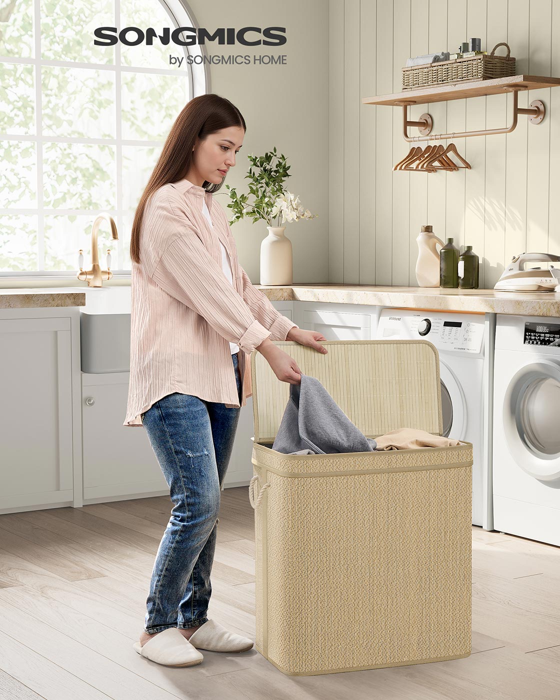 2-Section Laundry Hamper 34.3 Gal. Removable Liner Natural Color