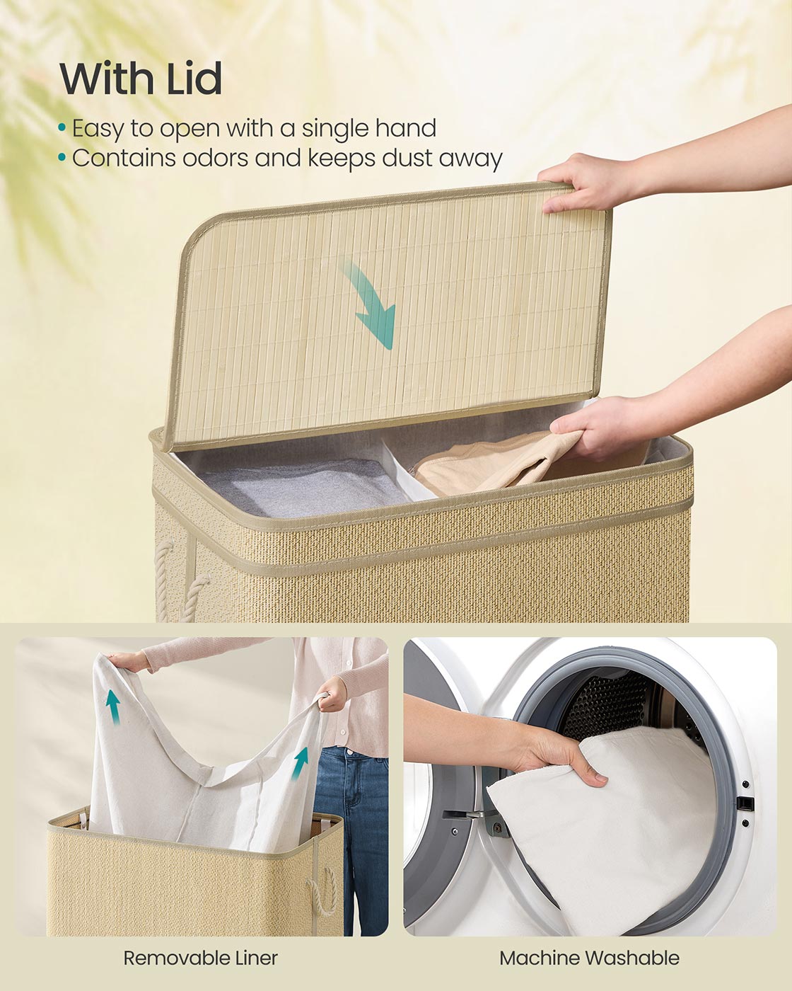 2-Section Laundry Hamper 34.3 Gal. Removable Liner Natural Color