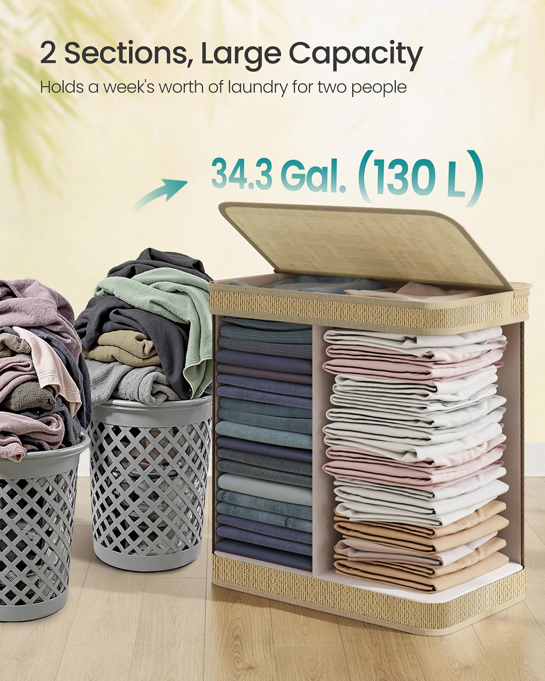 2-Section Laundry Hamper 34.3 Gal. Removable Liner Natural Color