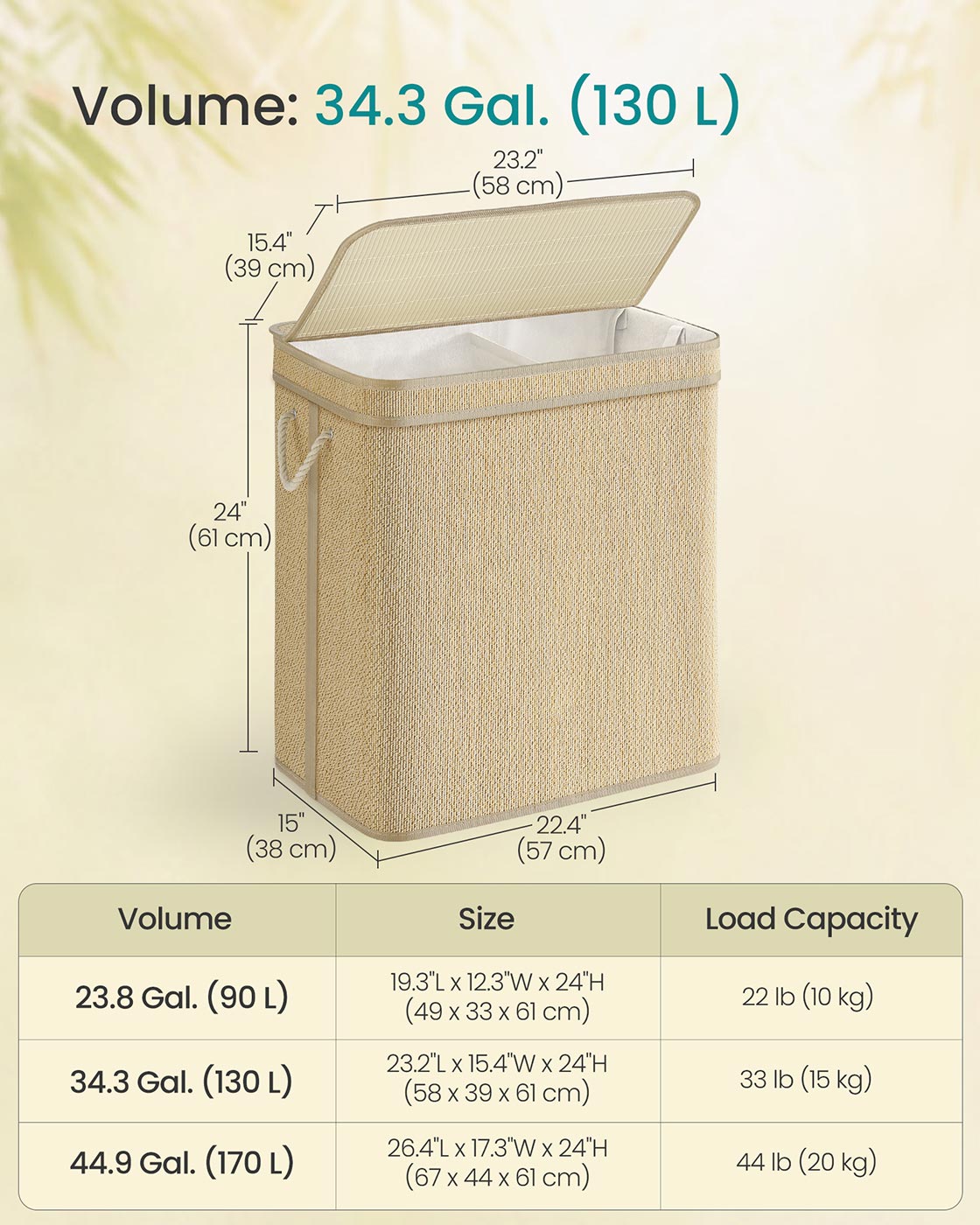 2-Section Laundry Hamper 34.3 Gal. Removable Liner Natural Color