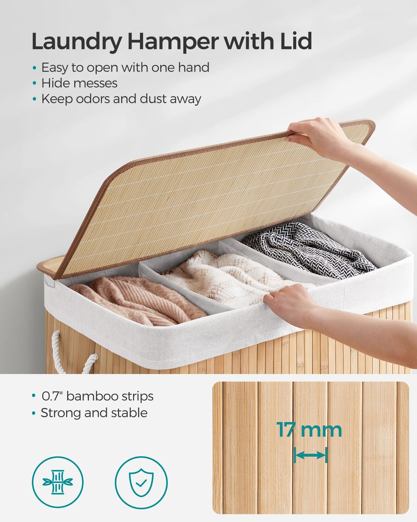 3-Section Laundry Hamper with Lid 39.6 Gallons (150L)