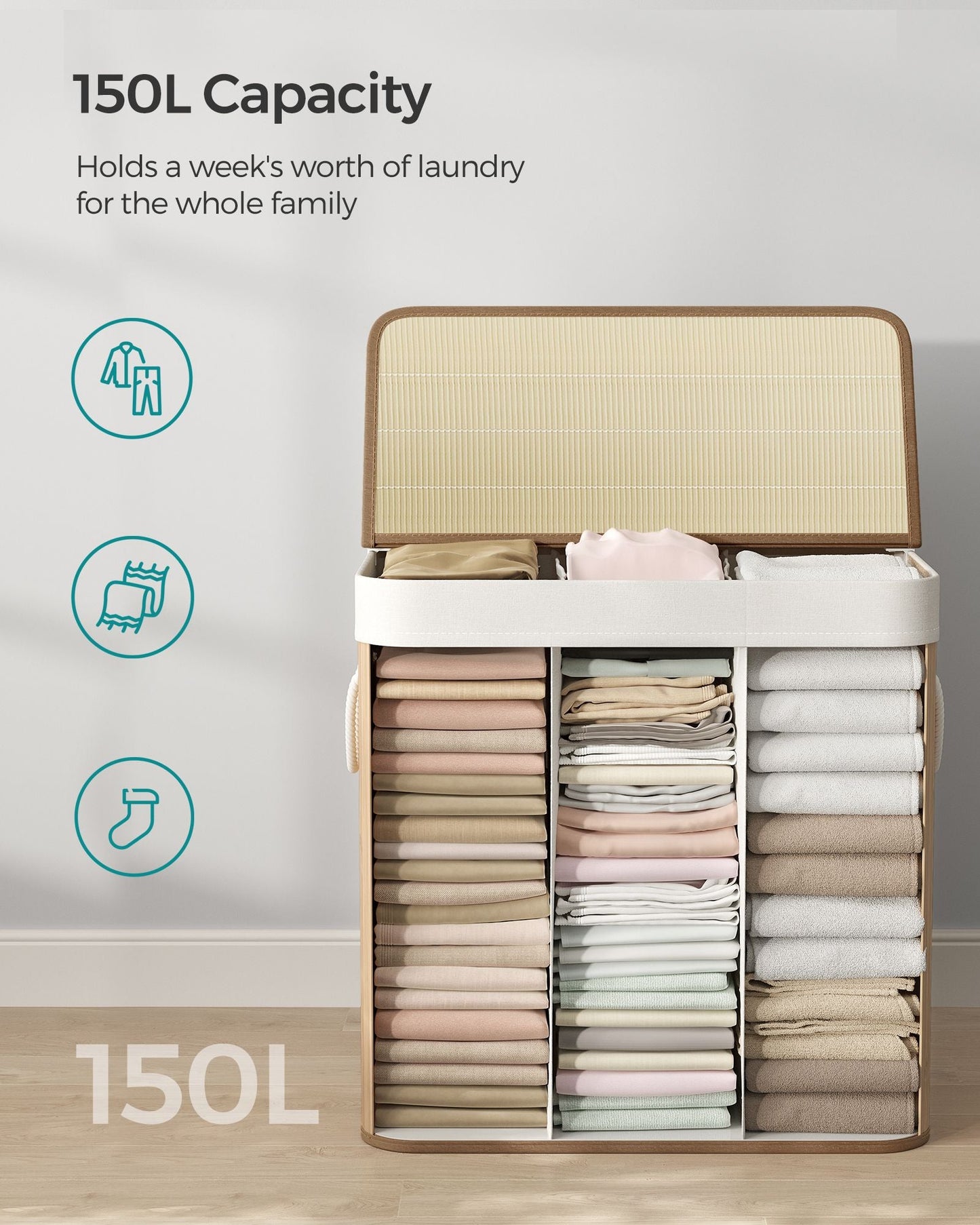 3-Section Laundry Hamper with Lid 39.6 Gallons (150L)