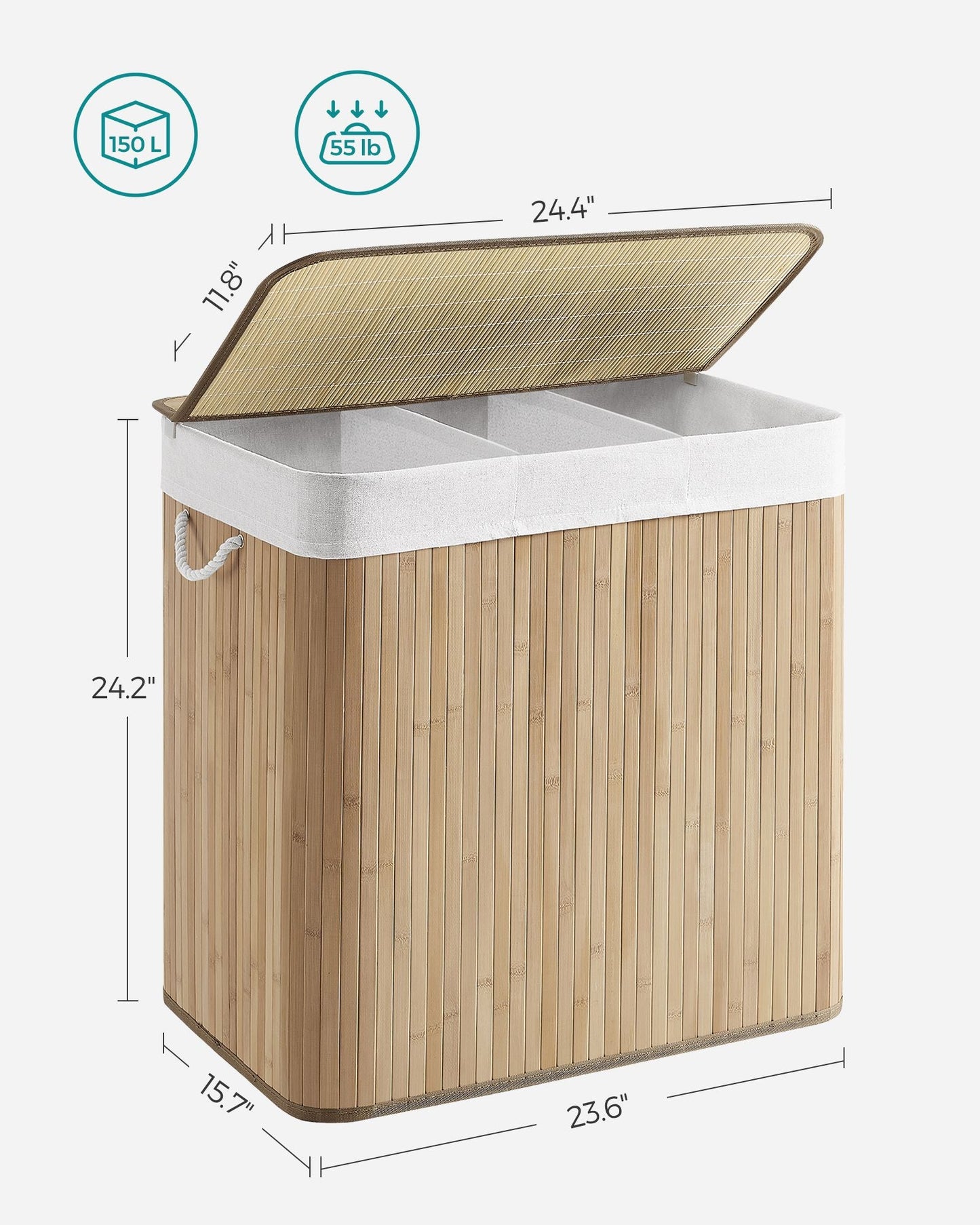 3-Section Laundry Hamper with Lid 39.6 Gallons (150L)
