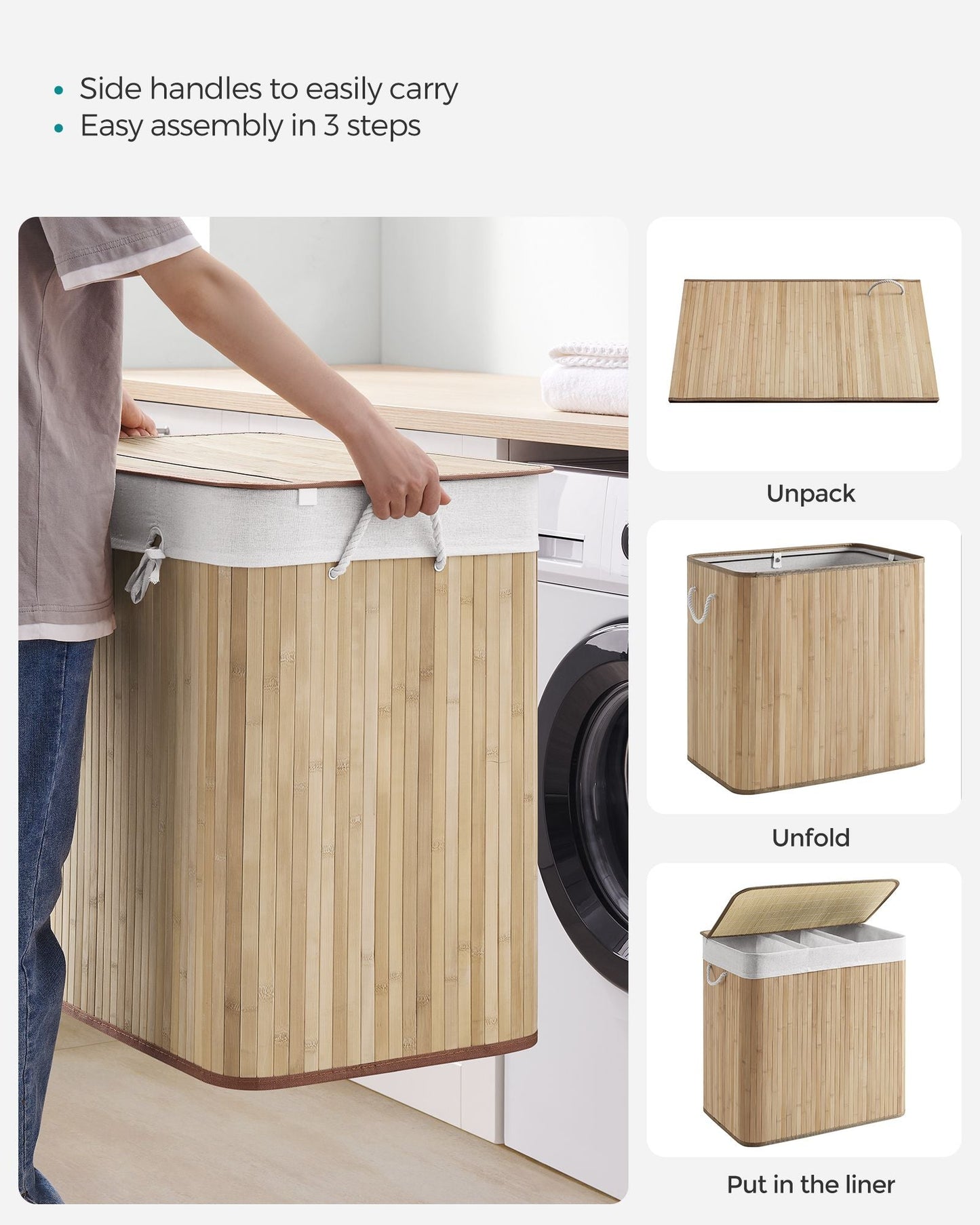 3-Section Laundry Hamper with Lid 39.6 Gallons (150L)
